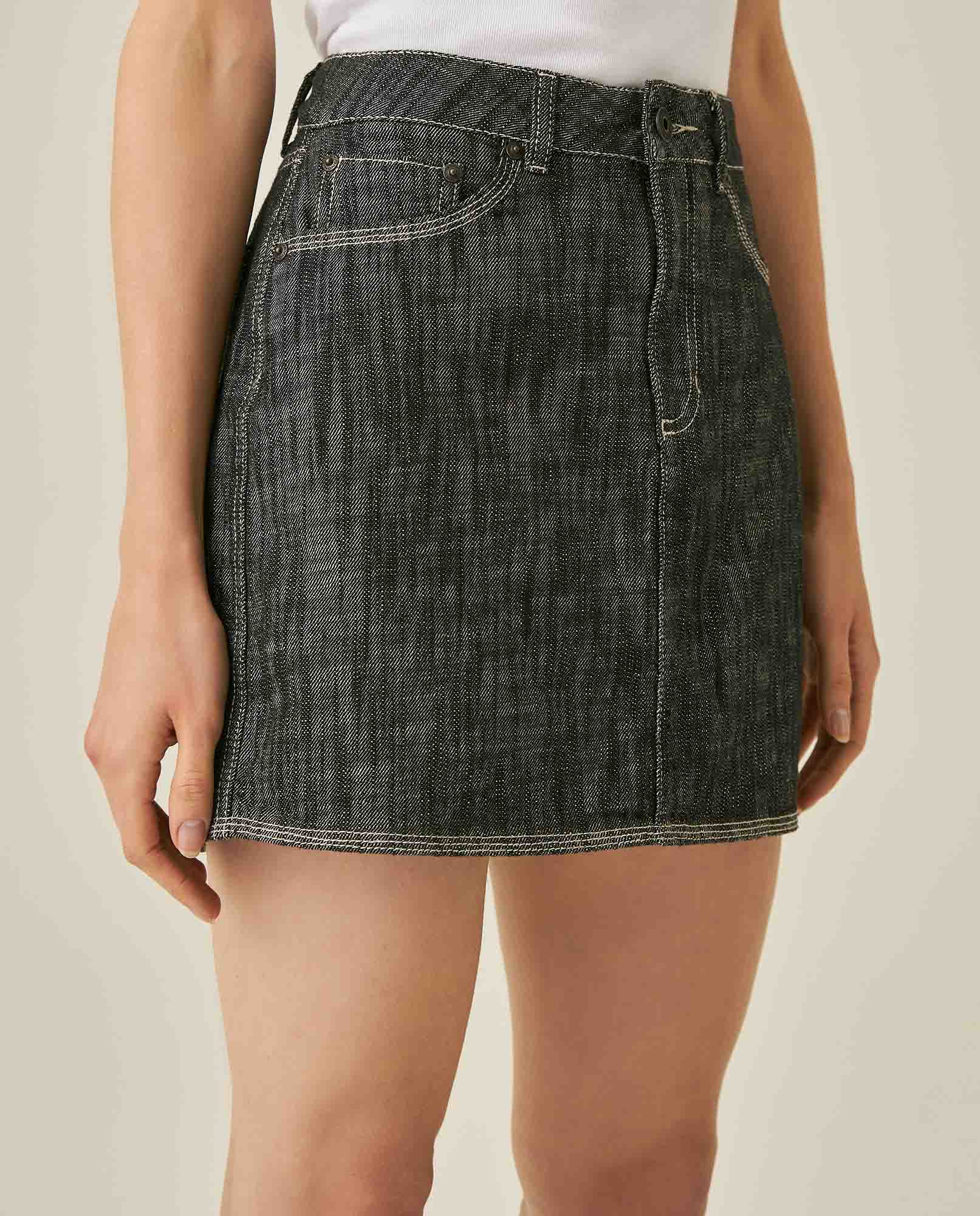 Womens Skirt Denim Cotton Non-Stretch Gray Wash Heavy Distressing Set Leather Badge 3-Needle Construction - Gray 63_441H001_GRI194305_5