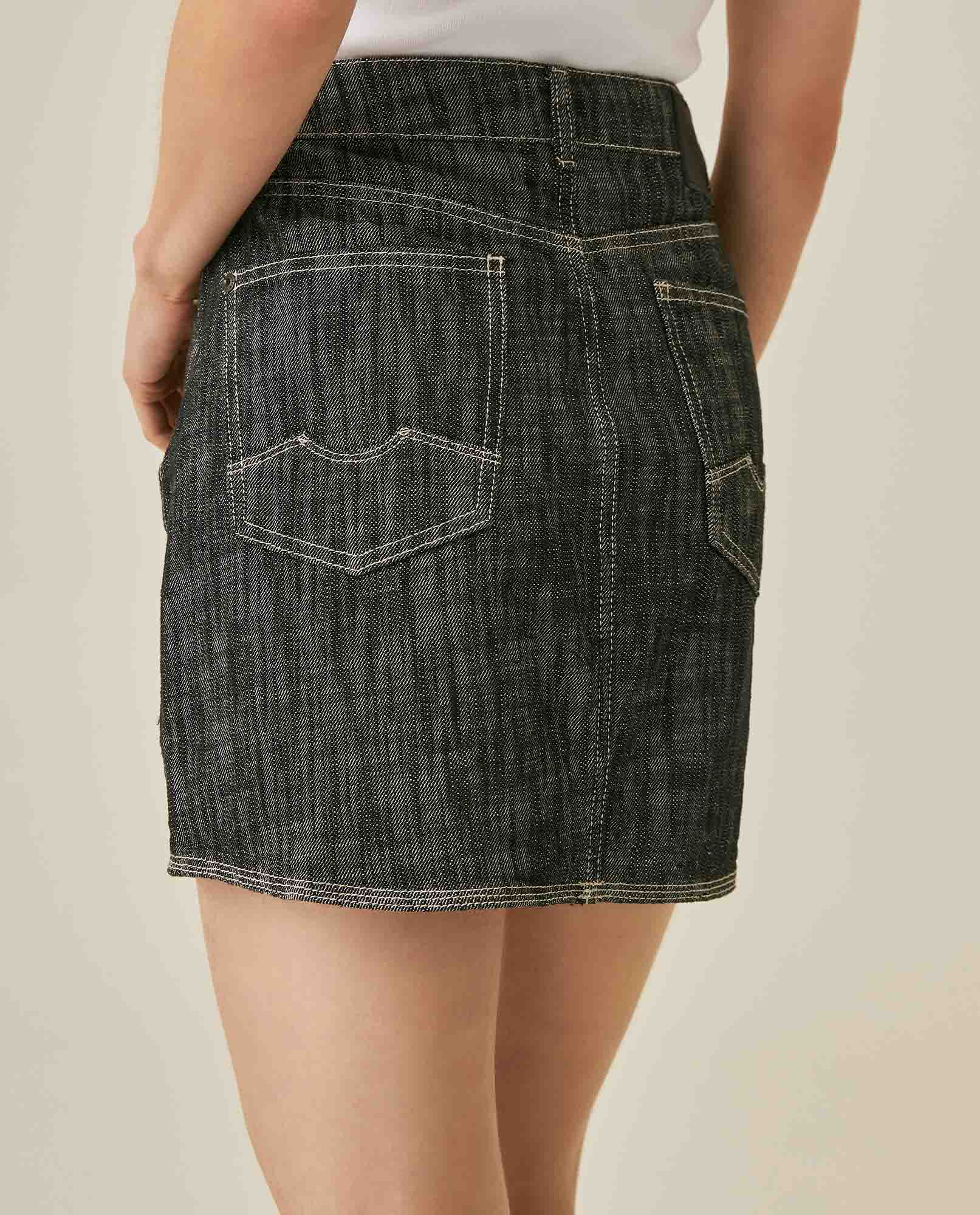 Womens Skirt Denim Cotton Non-Stretch Gray Wash Heavy Distressing Set Leather Badge 3-Needle Construction - Gray 63_441H001_GRI194305_6