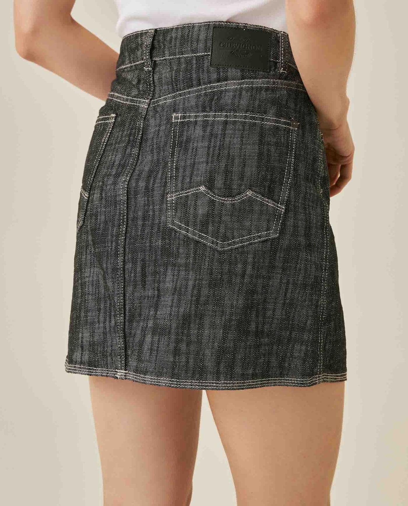Womens Skirt Denim Cotton Non-Stretch Gray Wash Heavy Distressing Set Leather Badge 3-Needle Construction - Gray 63_441H001_GRI194305_7
