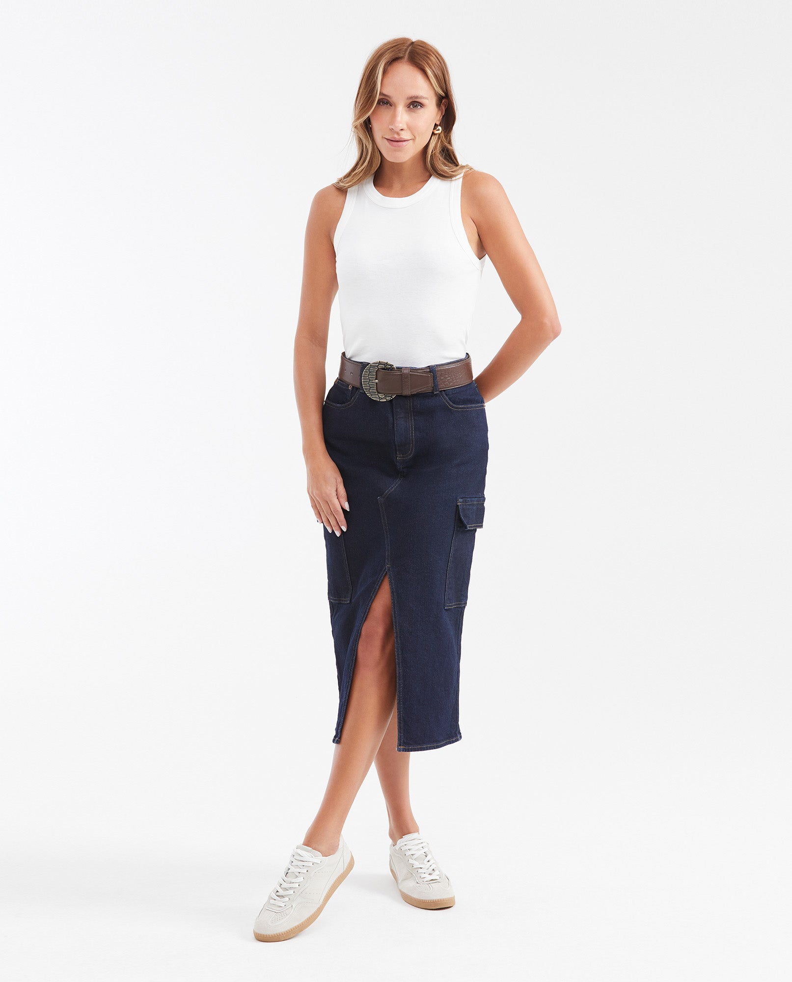 Midi Cargo Skirt in Dark Blue High Rise Denim for Women - Blue 442G001 - 2