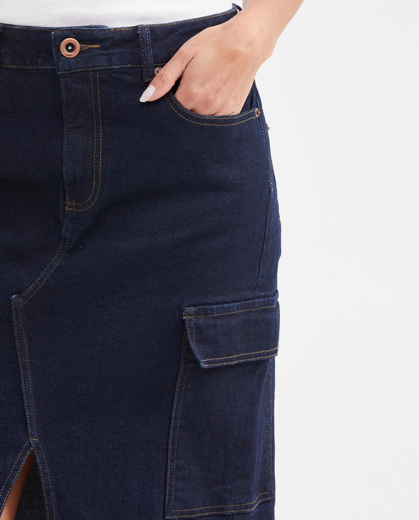 Midi Cargo Skirt in Dark Blue High Rise Denim for Women - Blue 442G001 - 3