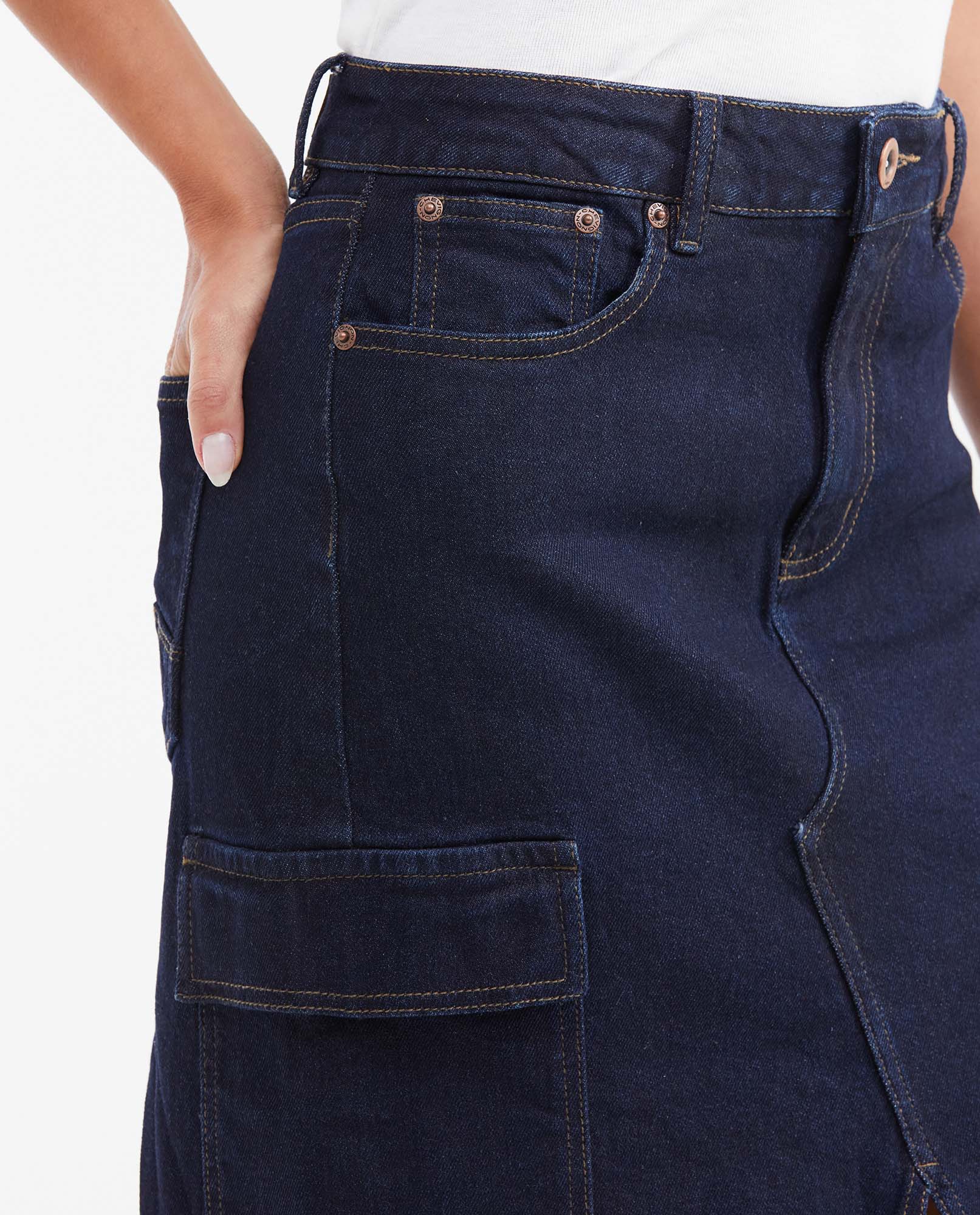 Midi Cargo Skirt in Dark Blue High Rise Denim for Women - Blue 442G001 - 5