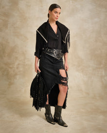 Womens Black Midi Denim Skirt with Frayed Details and Rips in Cotton - Black 63_444G502_NEG194007_0