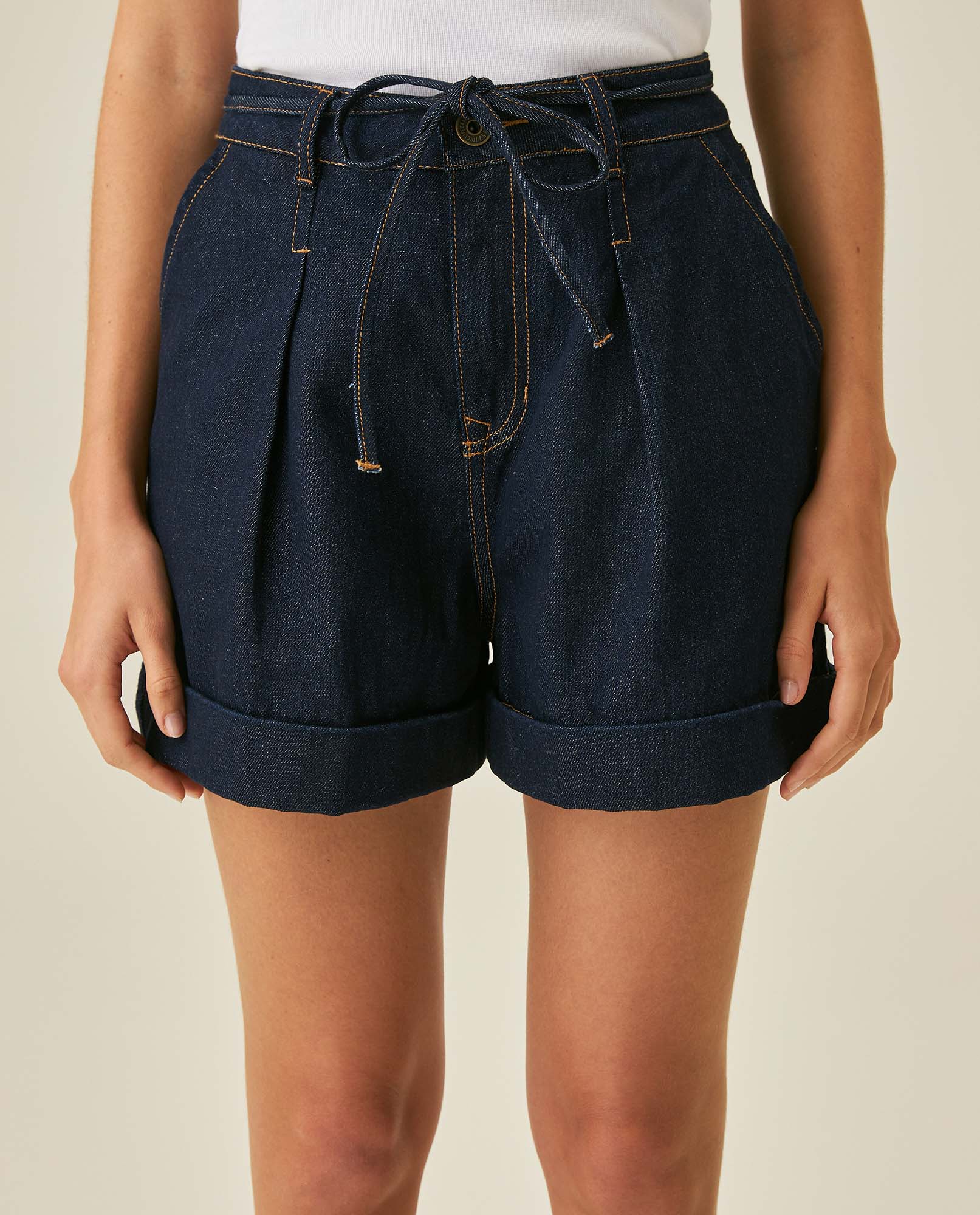Womens Shorts A-Line Silhouette High Rise Cotton–Lyocell Non-Stretch Ultra Dark Wash Pleated Drape - Blue 63_451H000_AZU193924_0