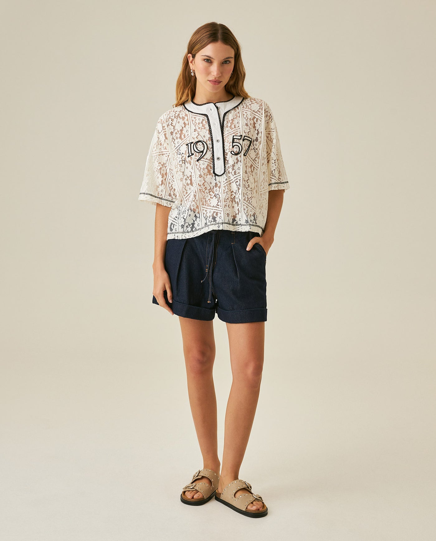 Womens Shorts A-Line Silhouette High Rise Cotton–Lyocell Non-Stretch Ultra Dark Wash Pleated Drape - Blue 63_451H000_AZU193924_4
