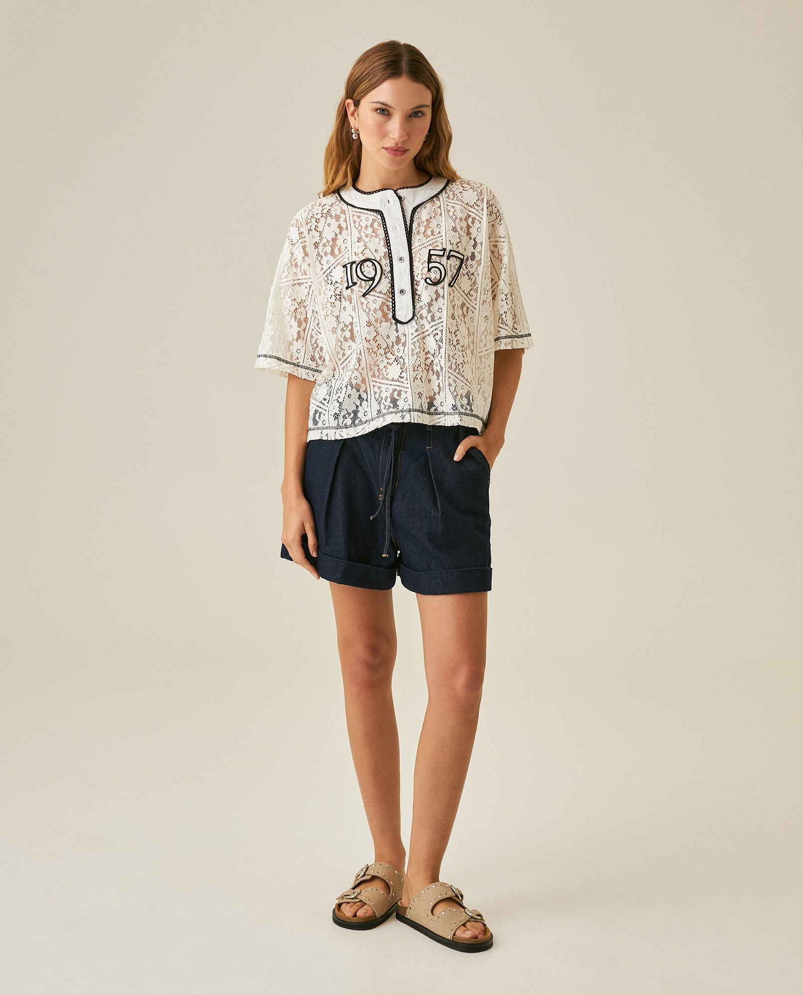 Womens Shorts A-Line Silhouette High Rise Cotton–Lyocell Non-Stretch Ultra Dark Wash Pleated Drape - Blue 63_451H000_AZU193924_4