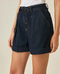 Womens Shorts A-Line Silhouette High Rise Cotton–Lyocell Non-Stretch Ultra Dark Wash Pleated Drape - Blue 63_451H000_AZU193924_5