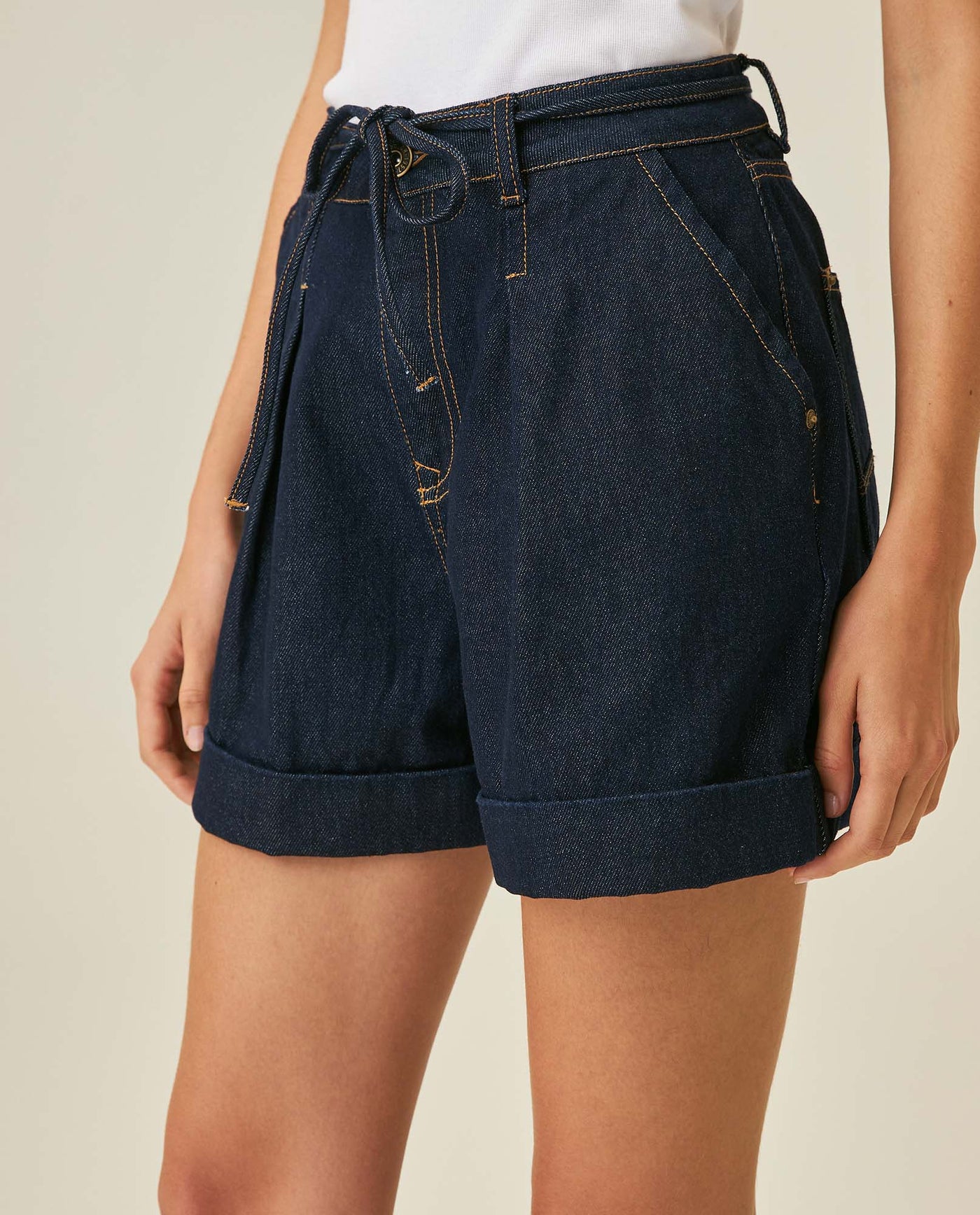 Womens Shorts A-Line Silhouette High Rise Cotton–Lyocell Non-Stretch Ultra Dark Wash Pleated Drape - Blue 63_451H000_AZU193924_5