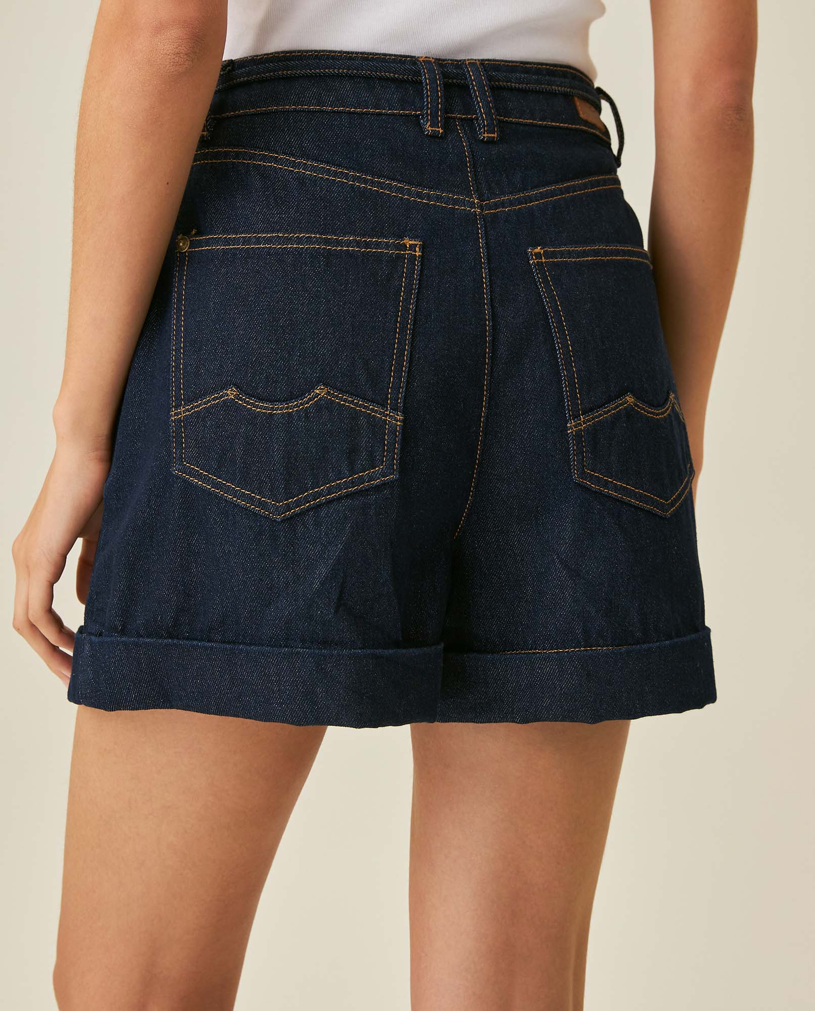 Womens Shorts A-Line Silhouette High Rise Cotton–Lyocell Non-Stretch Ultra Dark Wash Pleated Drape - Blue 63_451H000_AZU193924_6