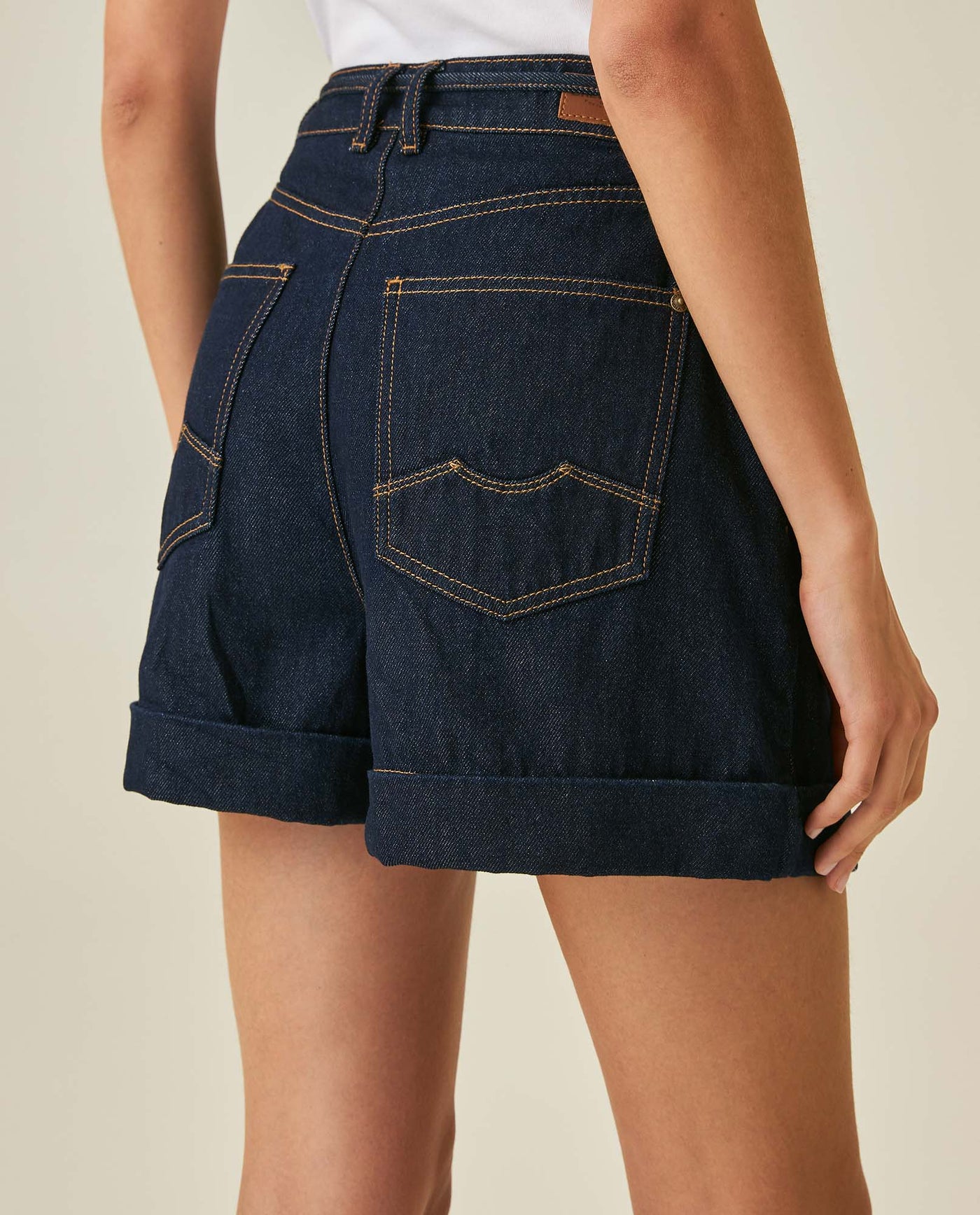 Womens Shorts A-Line Silhouette High Rise Cotton–Lyocell Non-Stretch Ultra Dark Wash Pleated Drape - Blue 63_451H000_AZU193924_7