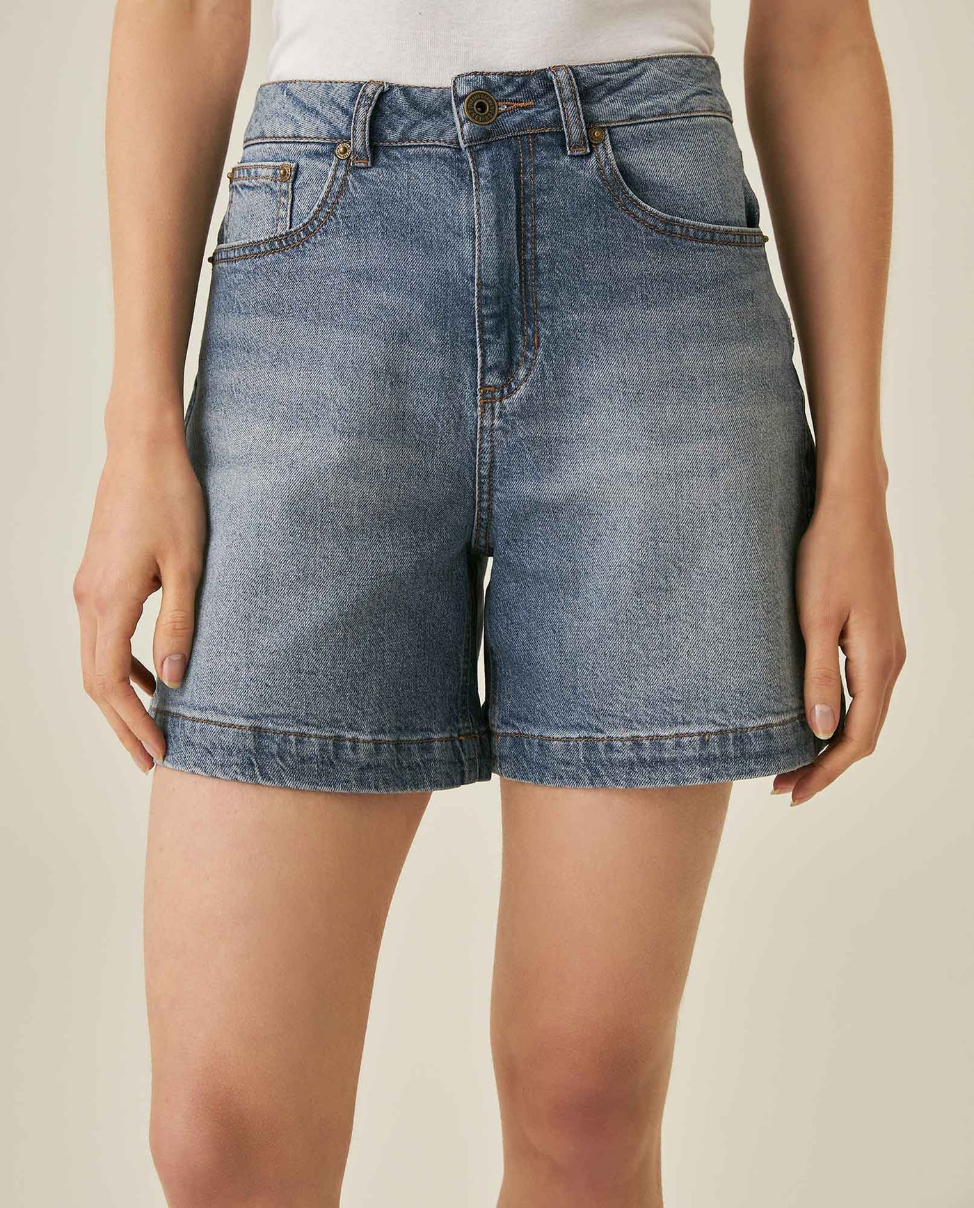 Womens Shorts High Rise Cotton–Tencel Blend Medium Wash Subtle Front Distressing Watch Pocket - Blue 63_451H001_AZU184140_0