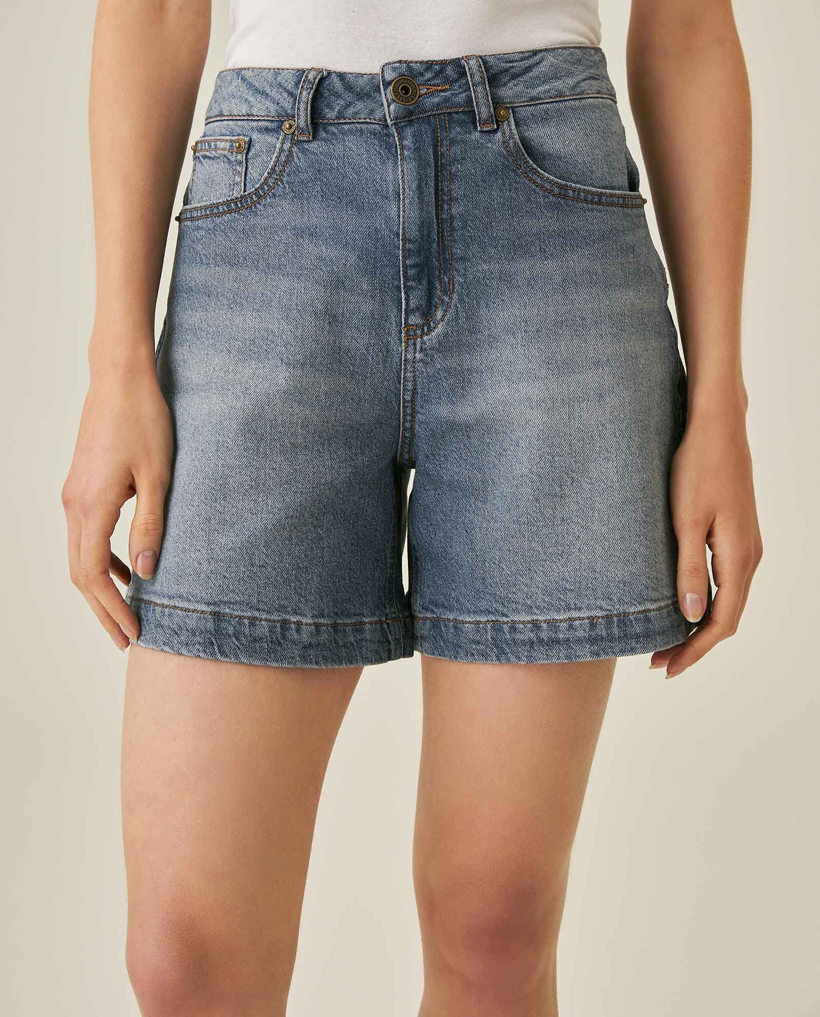 Womens Shorts High Rise Cotton–Tencel Blend Medium Wash Subtle Front Distressing Watch Pocket - Blue 63_451H001_AZU184140_0