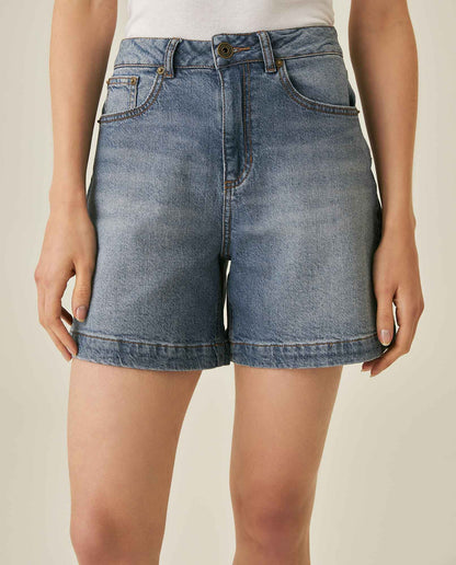 Womens Shorts High Rise Cotton–Tencel Blend Medium Wash Subtle Front Distressing Watch Pocket - Blue 63_451H001_AZU184140_0