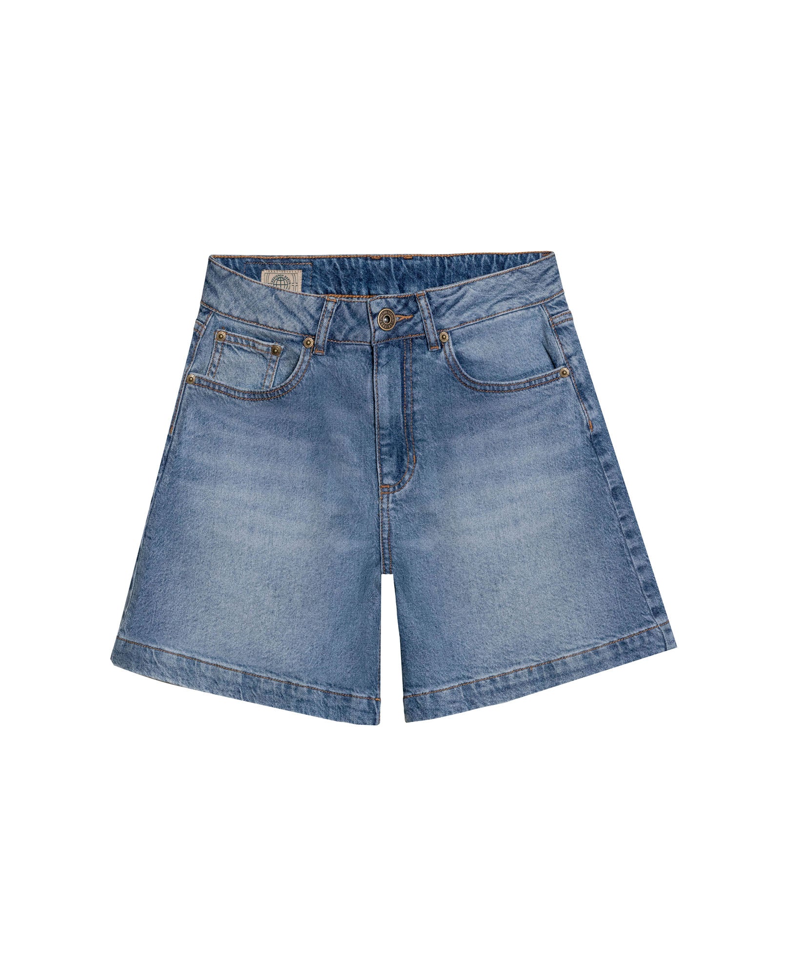 Womens Shorts High Rise Cotton–Tencel Blend Medium Wash Subtle Front Distressing Watch Pocket - Blue 63_451H001_AZU184140_3