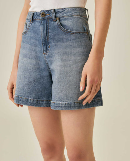 Womens Shorts High Rise Cotton–Tencel Blend Medium Wash Subtle Front Distressing Watch Pocket - Blue 63_451H001_AZU184140_5