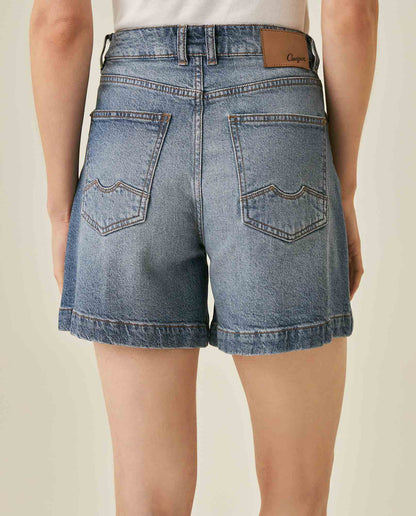 Womens Shorts High Rise Cotton–Tencel Blend Medium Wash Subtle Front Distressing Watch Pocket - Blue 63_451H001_AZU184140_6