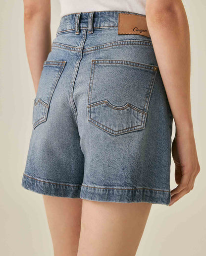 Womens Shorts High Rise Cotton–Tencel Blend Medium Wash Subtle Front Distressing Watch Pocket - Blue 63_451H001_AZU184140_7