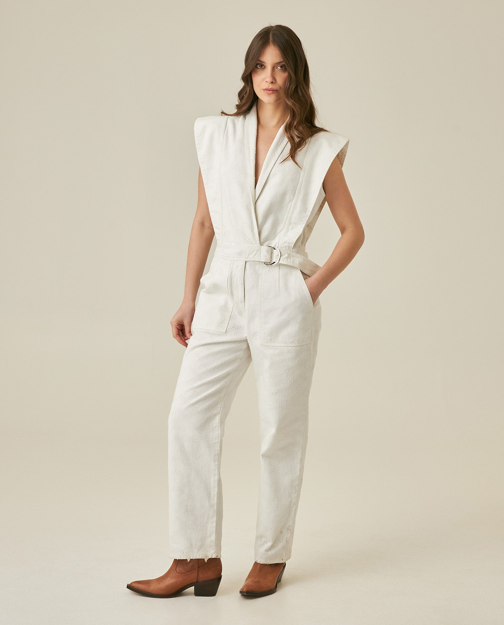 Womens Jumpsuit Sleeveless Crossover Tuxedo Collar Cotton Raw Ivory - Raw 63_471H100_CRU134403_4