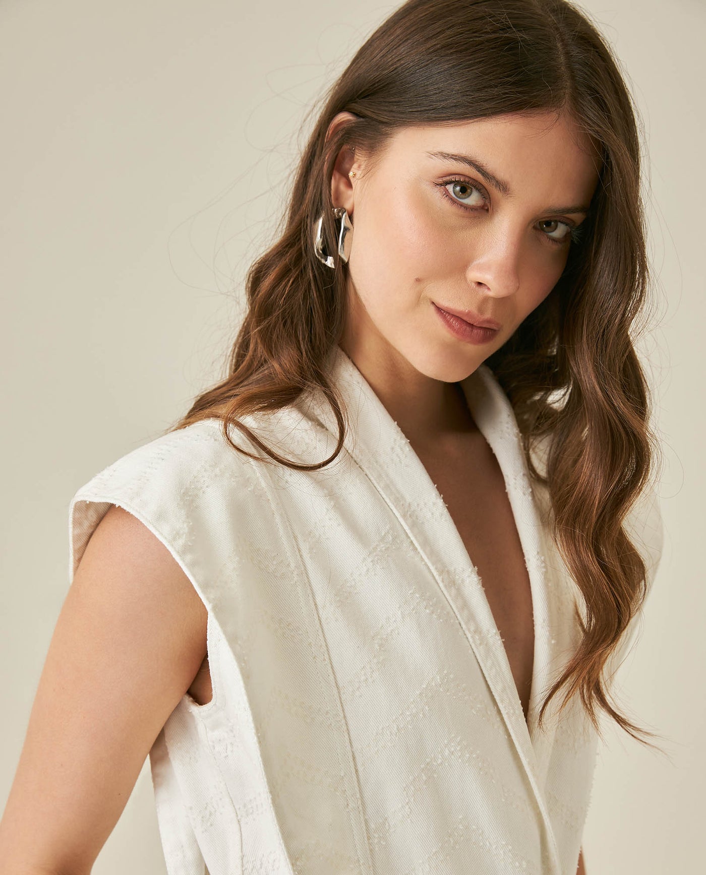 Womens Jumpsuit Sleeveless Crossover Tuxedo Collar Cotton Raw Ivory - Raw 63_471H100_CRU134403_5