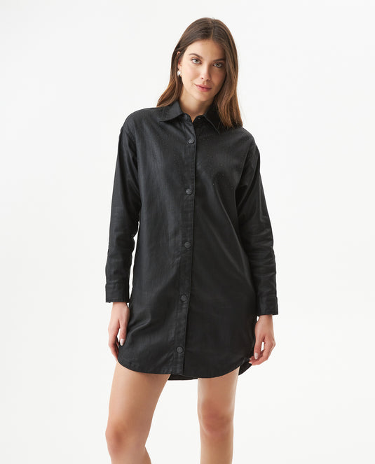 Women's Stone Print Black Denim Shirt Dress in Cotton, Splarkle 479G000 - 1