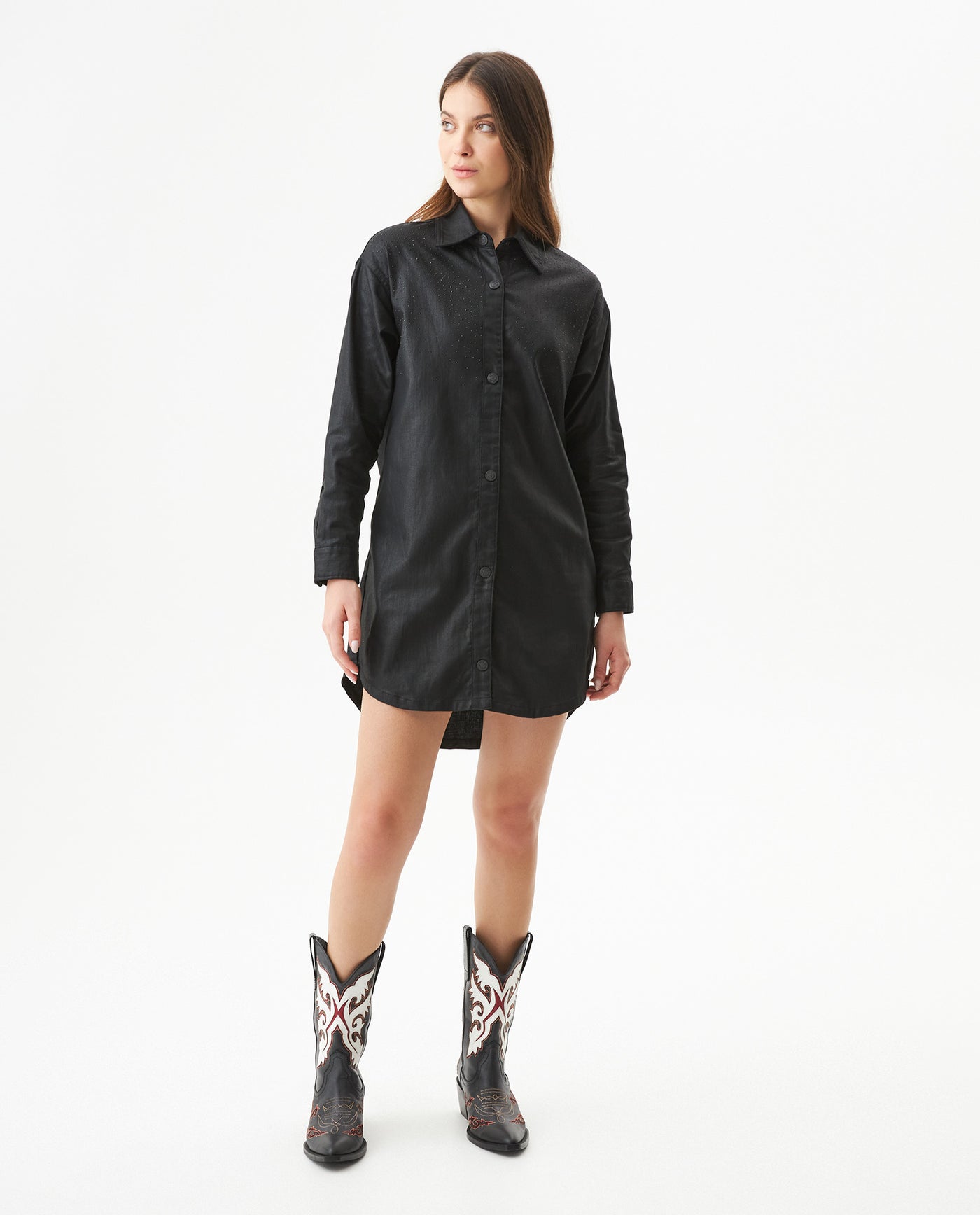 Women's Stone Print Black Denim Shirt Dress in Cotton, Splarkle 479G000 - 3
