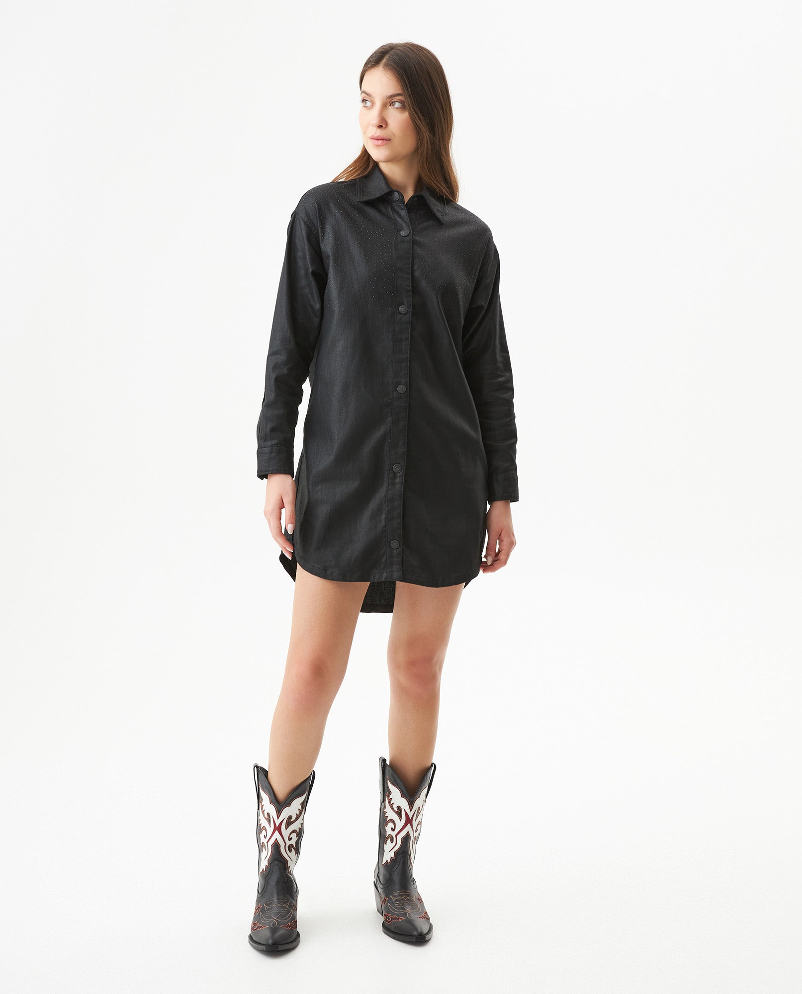 Women's Stone Print Black Denim Shirt Dress in Cotton, Splarkle 479G000 - 3
