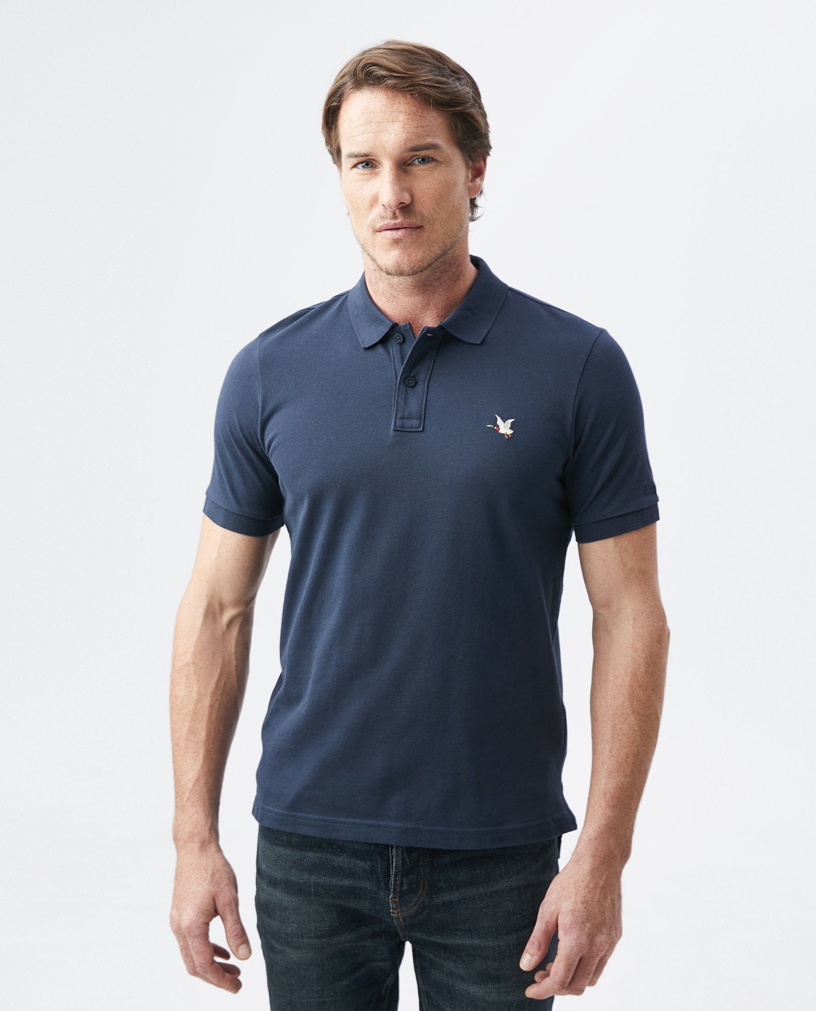 Mens Slim Fit Short Sleeve Polo Shirt in Cotton Stretch Blend - Blue 63_600B001_AZU194024_0
