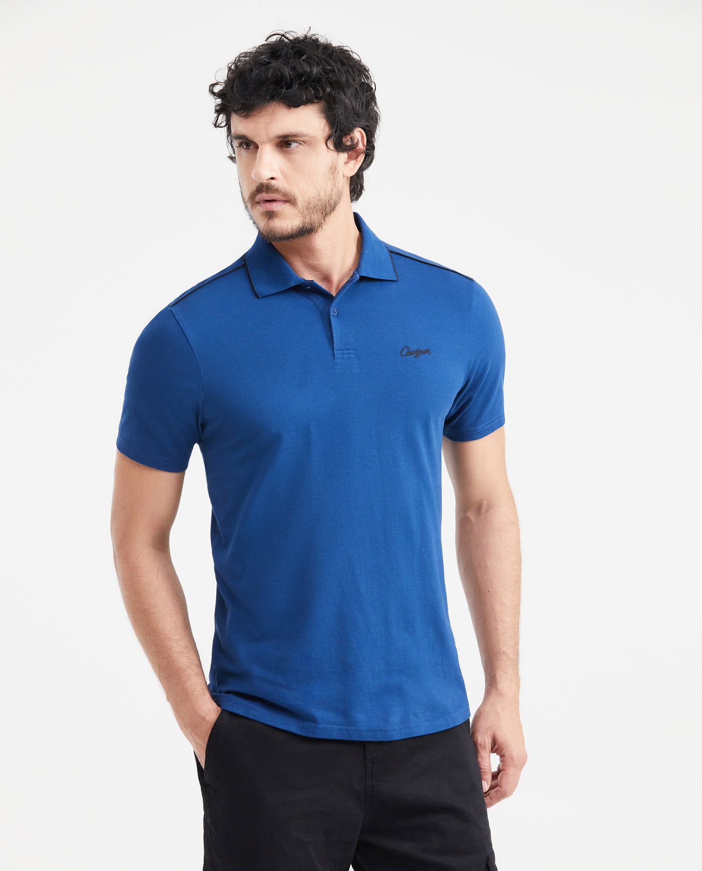 Men's Slim Fit Polo Contrast Piping Piqué in Cotton-Polyester Blend 63_601G016_AZU194029_0