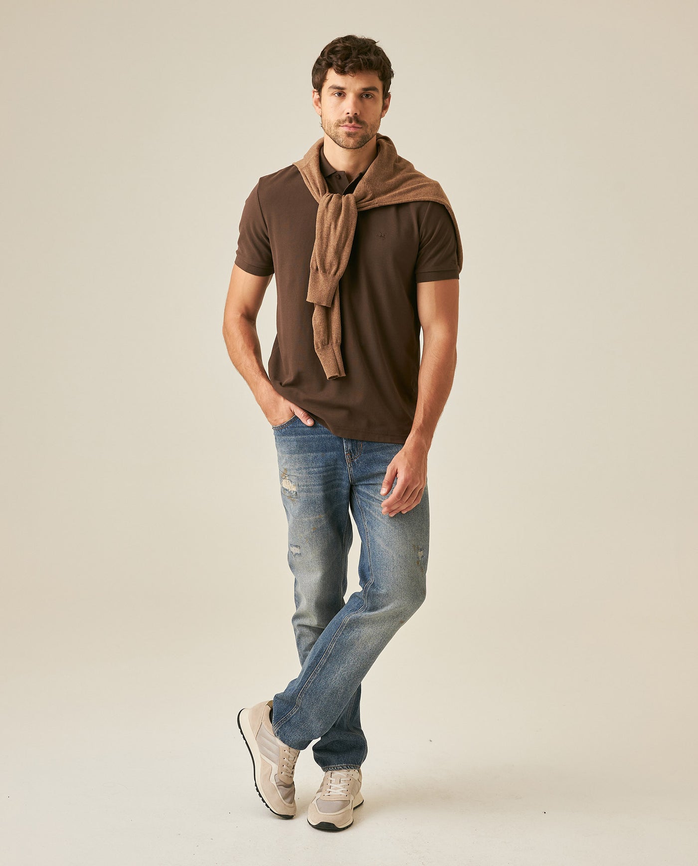 Mens Polo Classic Fit Short Sleeve Cotton Embroidered Duck Heart Cursive Sleeve Logo - Brown 63_601H000_CAF190712_4