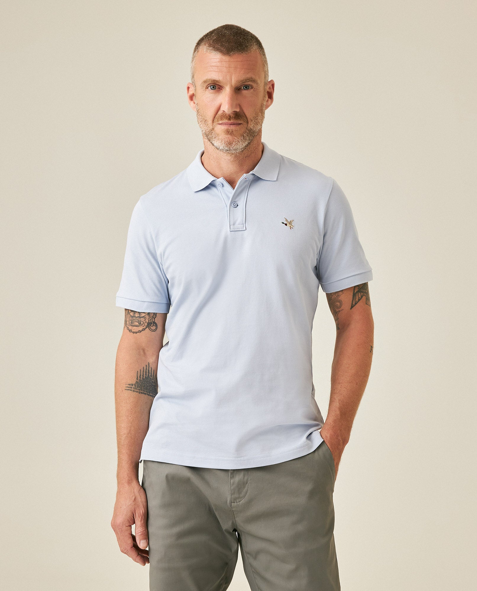 Mens Polo Slim Fit Short Sleeve Cotton Lycra Vibrant Embroidered Duck Cursive Sleeve Logo - Blue 63_601H001_AZU153915_0