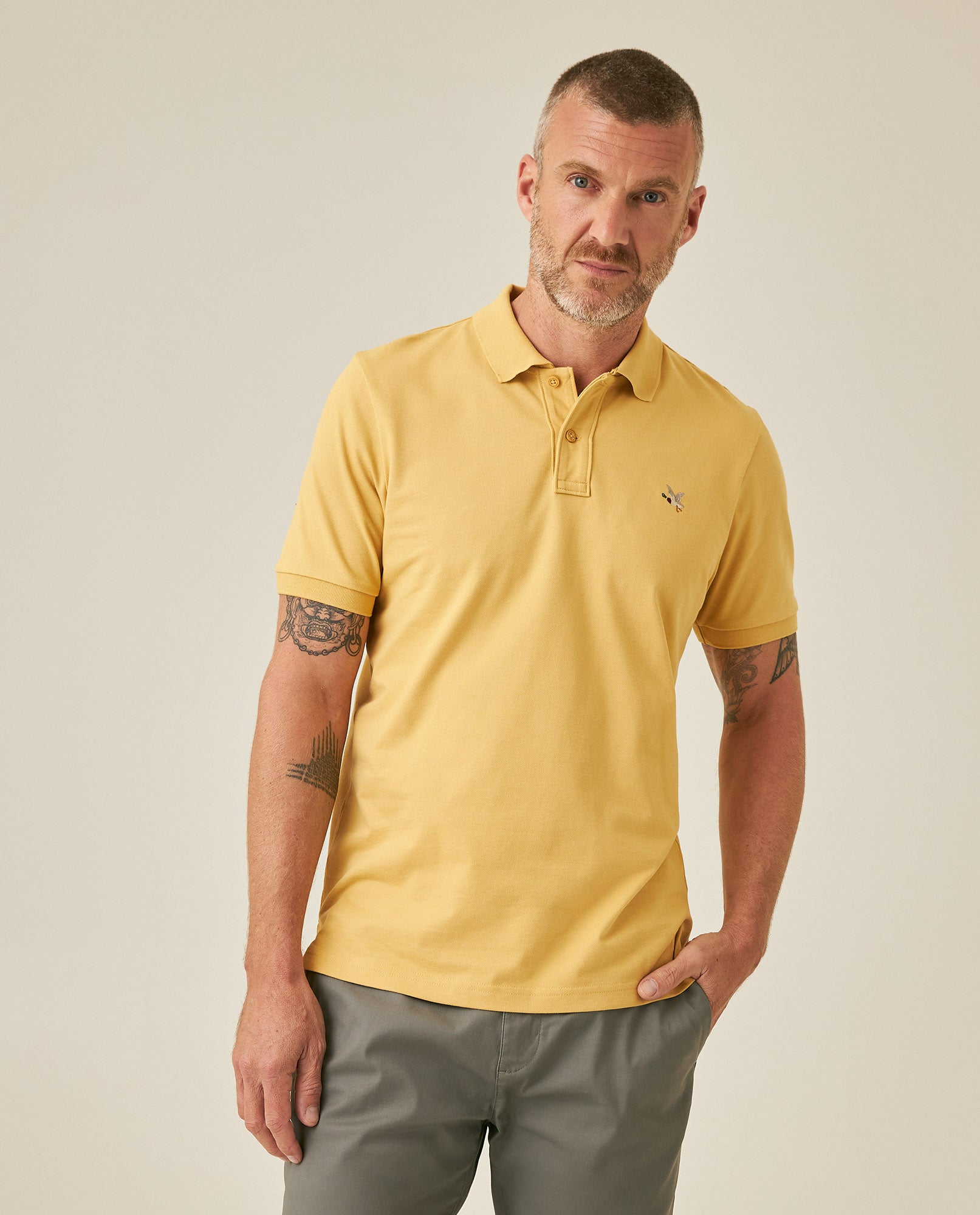 Mens Polo Slim Fit Short Sleeve Cotton Lycra Vibrant Embroidered Duck Cursive Sleeve Logo - Beige 63_601H001_BEI151132_0