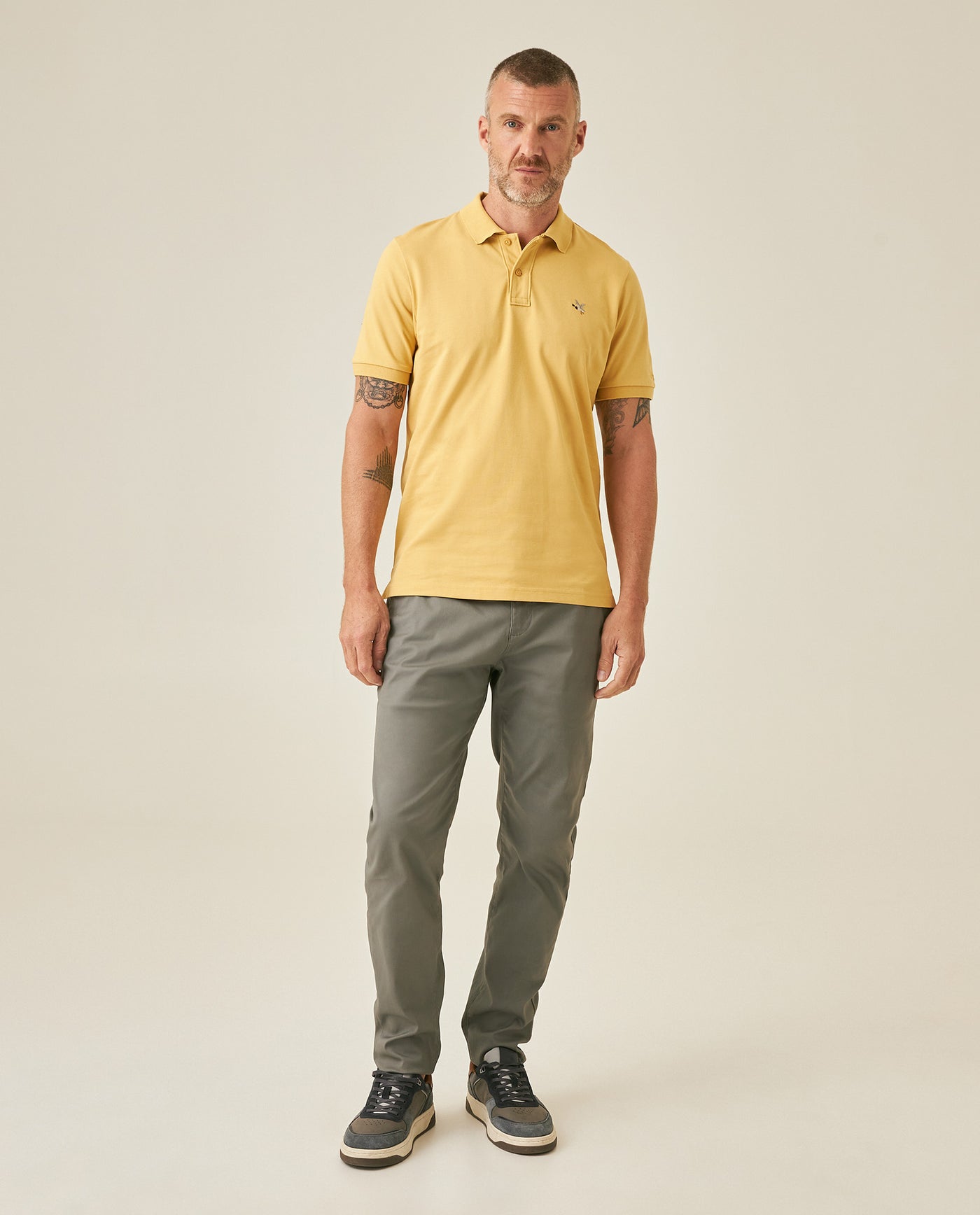 Mens Polo Slim Fit Short Sleeve Cotton Lycra Vibrant Embroidered Duck Cursive Sleeve Logo - Beige 63_601H001_BEI151132_4