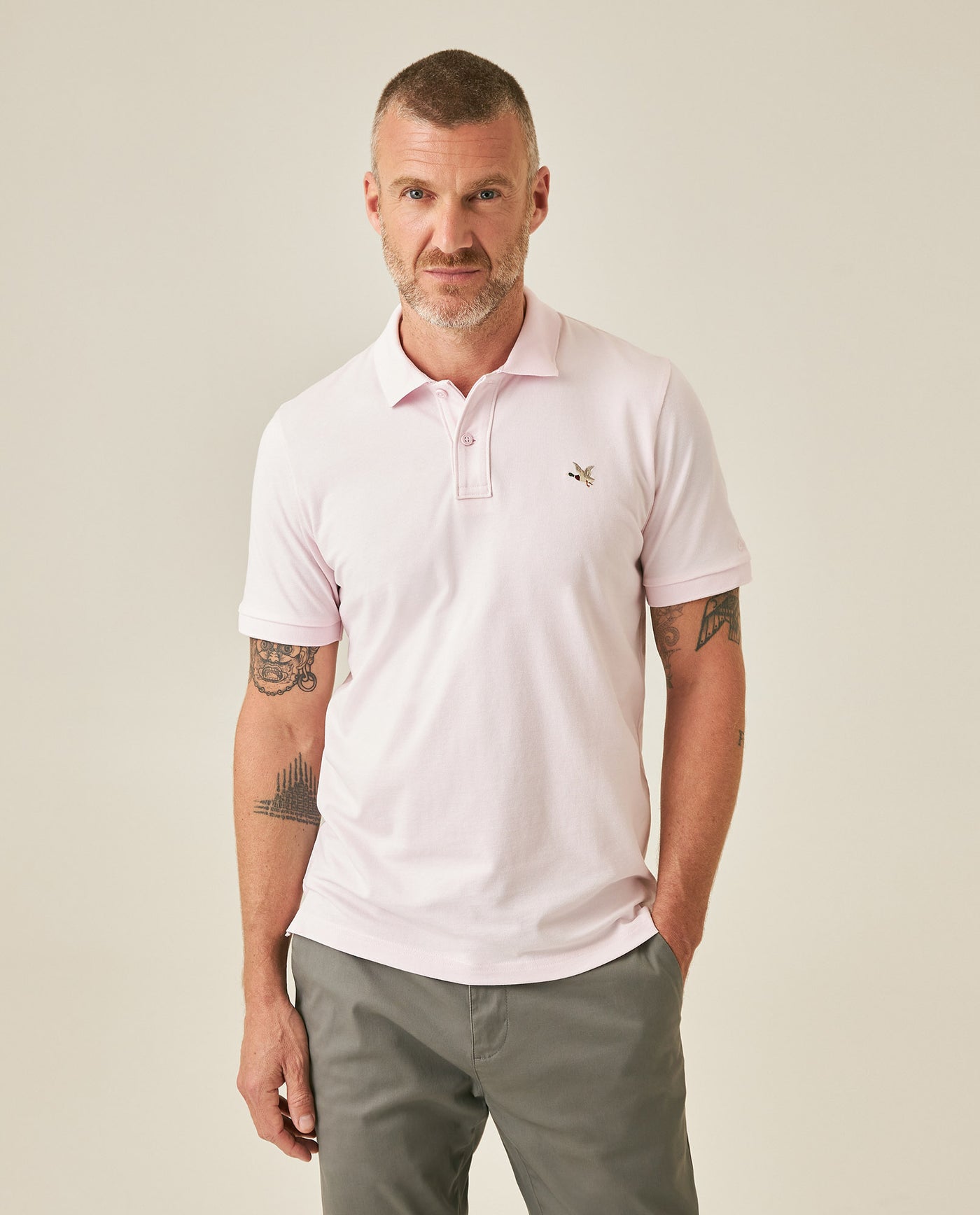 Mens Polo Slim Fit Short Sleeve Cotton Lycra Vibrant Embroidered Duck Cursive Sleeve Logo - Pink 63_601H001_ROS122905_0