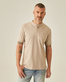 Mens Polo Slim Fit Mandarin Collar Sanforized Cotton Elastane Red Contrast Cuffs Side Vents - Beige 63_601H002_BEI161010_0
