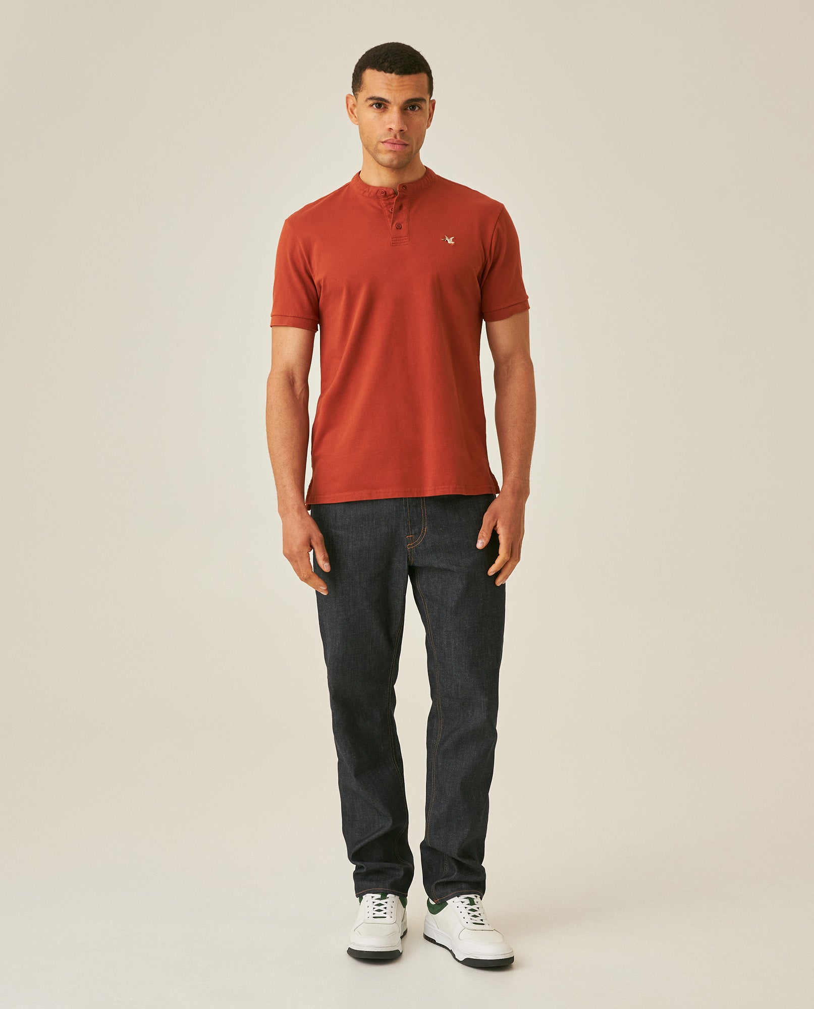 Mens Polo Slim Fit Mandarin Collar Sanforized Cotton Elastane Red Contrast Cuffs Side Vents - Brown 63_601H002_CAF191245_4