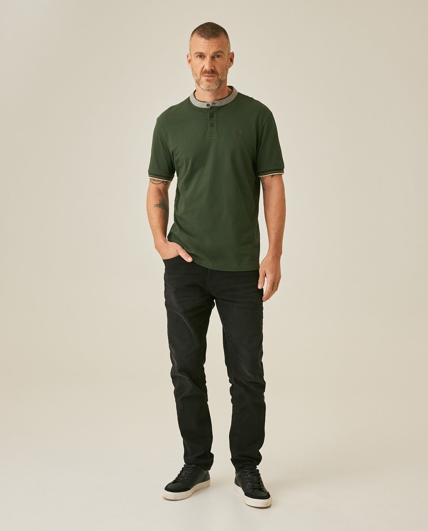 Mens Polo Slim Fit Mandarin Collar Piqué Cotton Elastane Contrast Band Cuffs Embroidered Duck - Green 63_601H003_VER190414_4