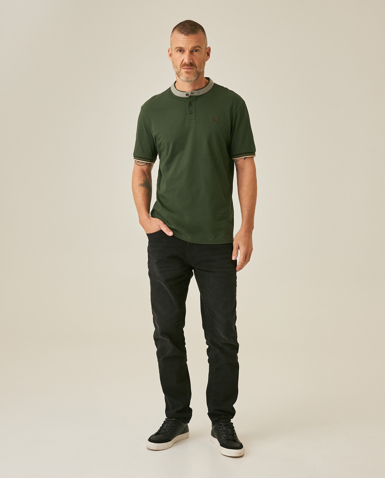 Mens Polo Slim Fit Mandarin Collar Piqué Cotton Elastane Contrast Band Cuffs Embroidered Duck - Green 63_601H003_VER190414_4