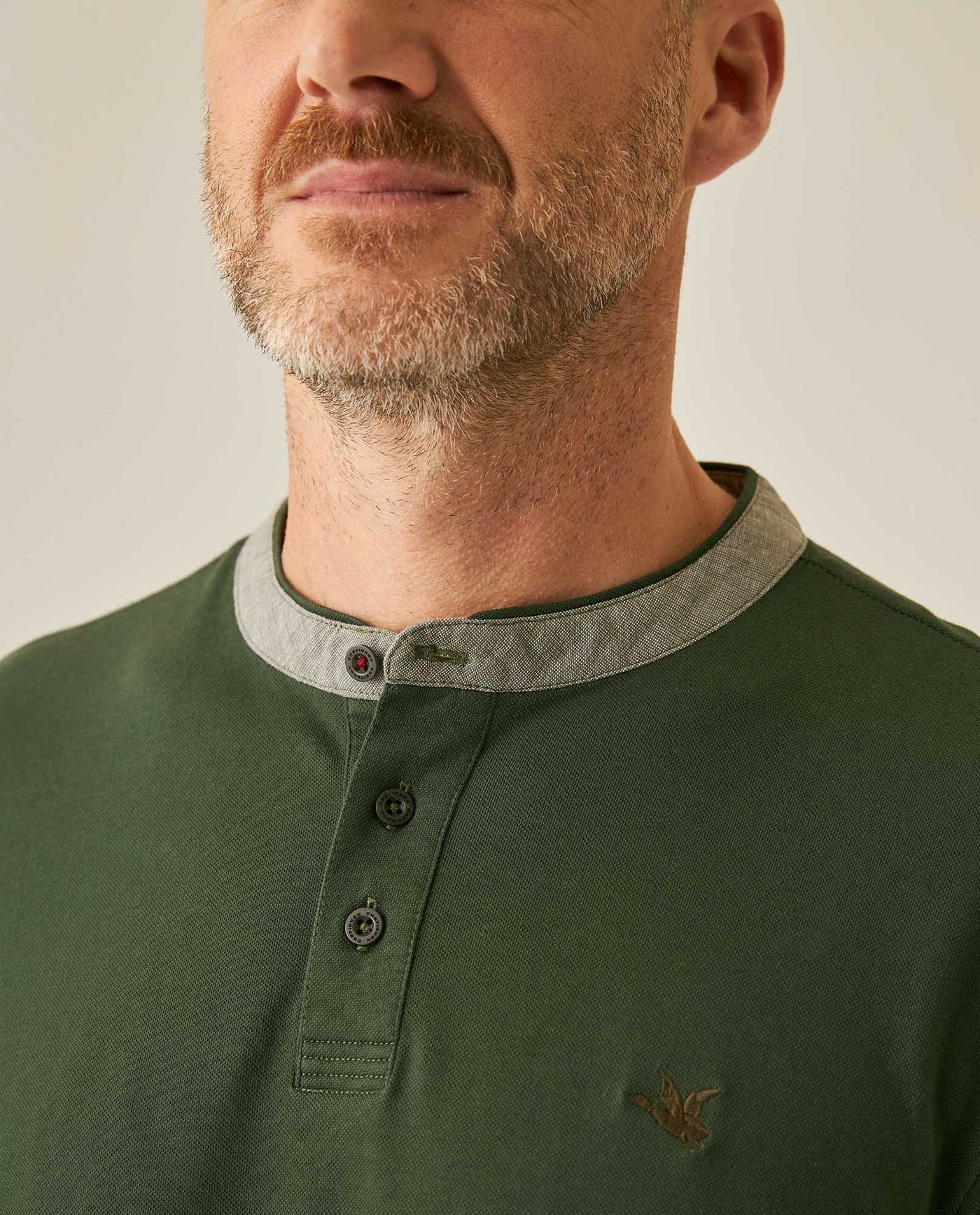 Mens Polo Slim Fit Mandarin Collar Piqué Cotton Elastane Contrast Band Cuffs Embroidered Duck - Green 63_601H003_VER190414_5