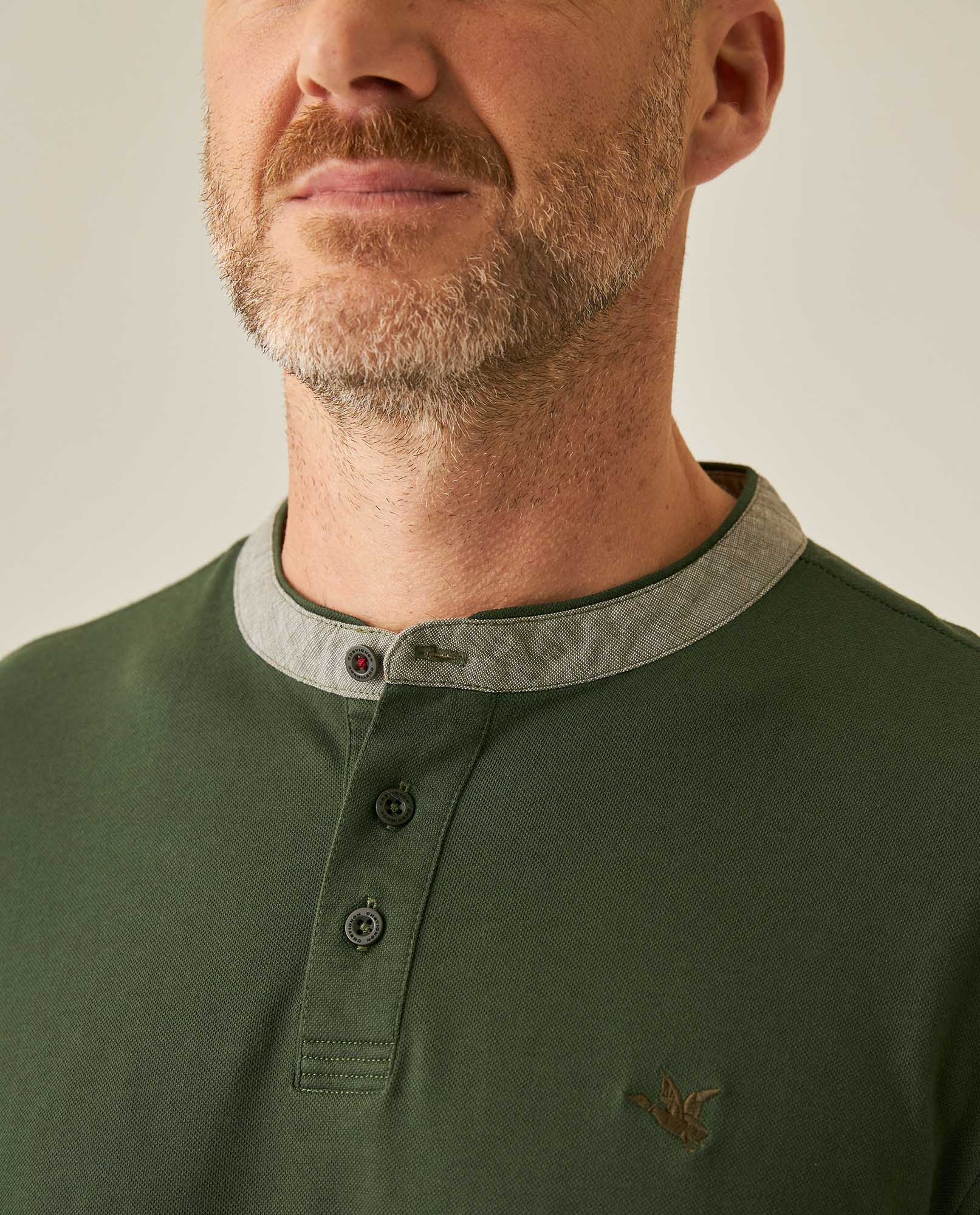Mens Polo Slim Fit Mandarin Collar Piqué Cotton Elastane Contrast Band Cuffs Embroidered Duck - Green 63_601H003_VER190414_5