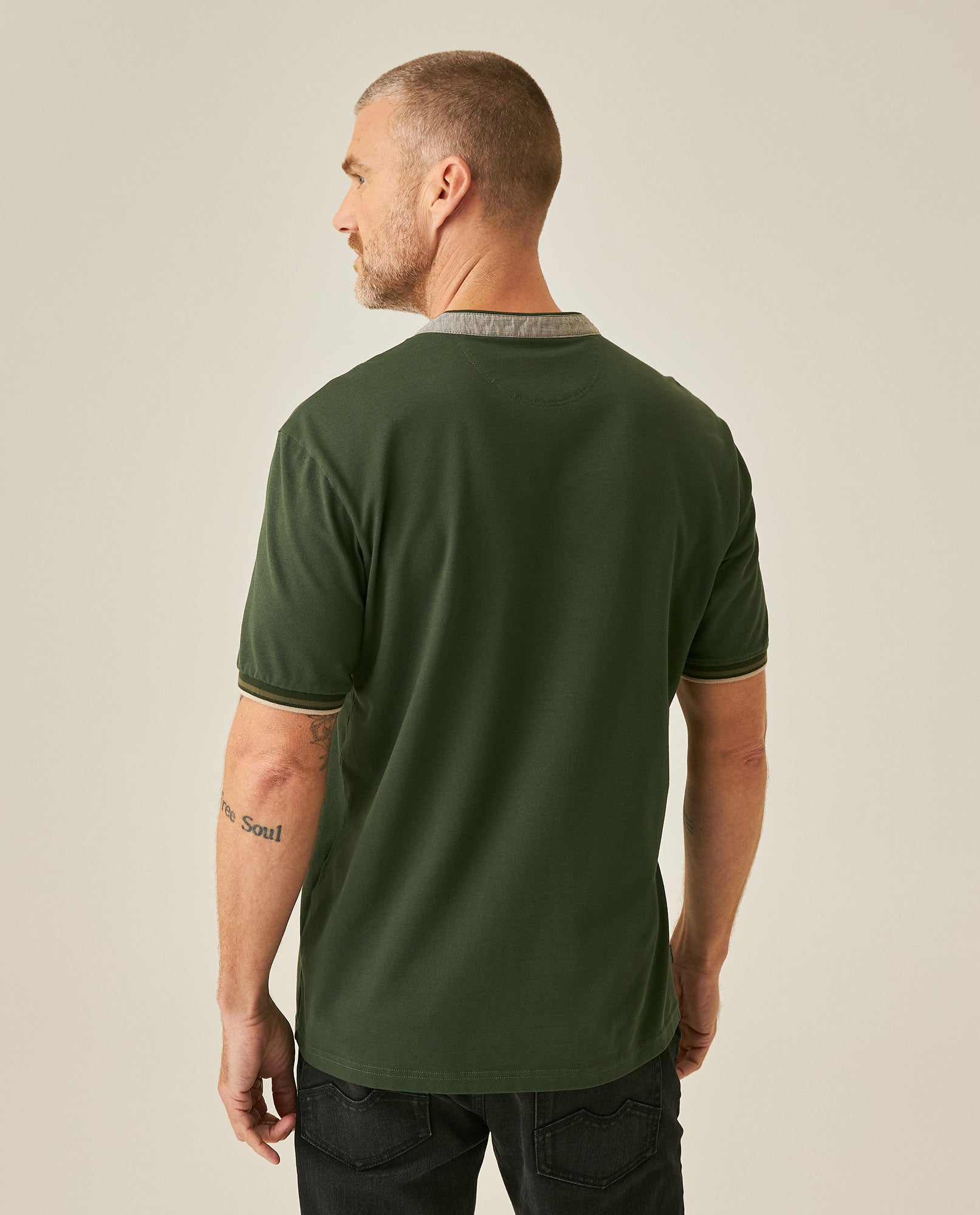 Mens Polo Slim Fit Mandarin Collar Piqué Cotton Elastane Contrast Band Cuffs Embroidered Duck - Green 63_601H003_VER190414_6