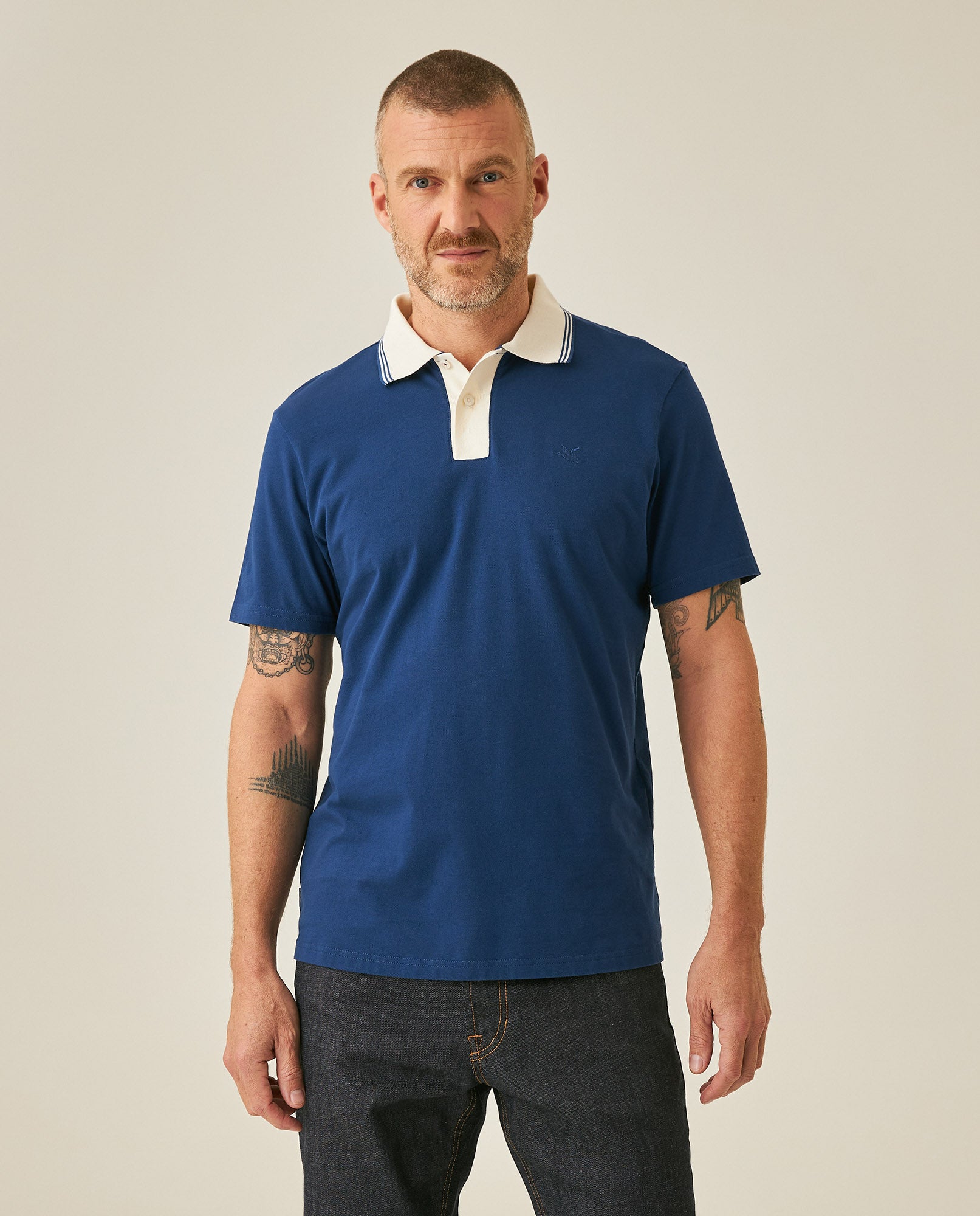 Mens Polo Slim Fit Short Sleeve Preppy Style Cotton Elastane Contrast Collar Placket Vibrant Duck - Blue 63_601H004_AZU194029_0
