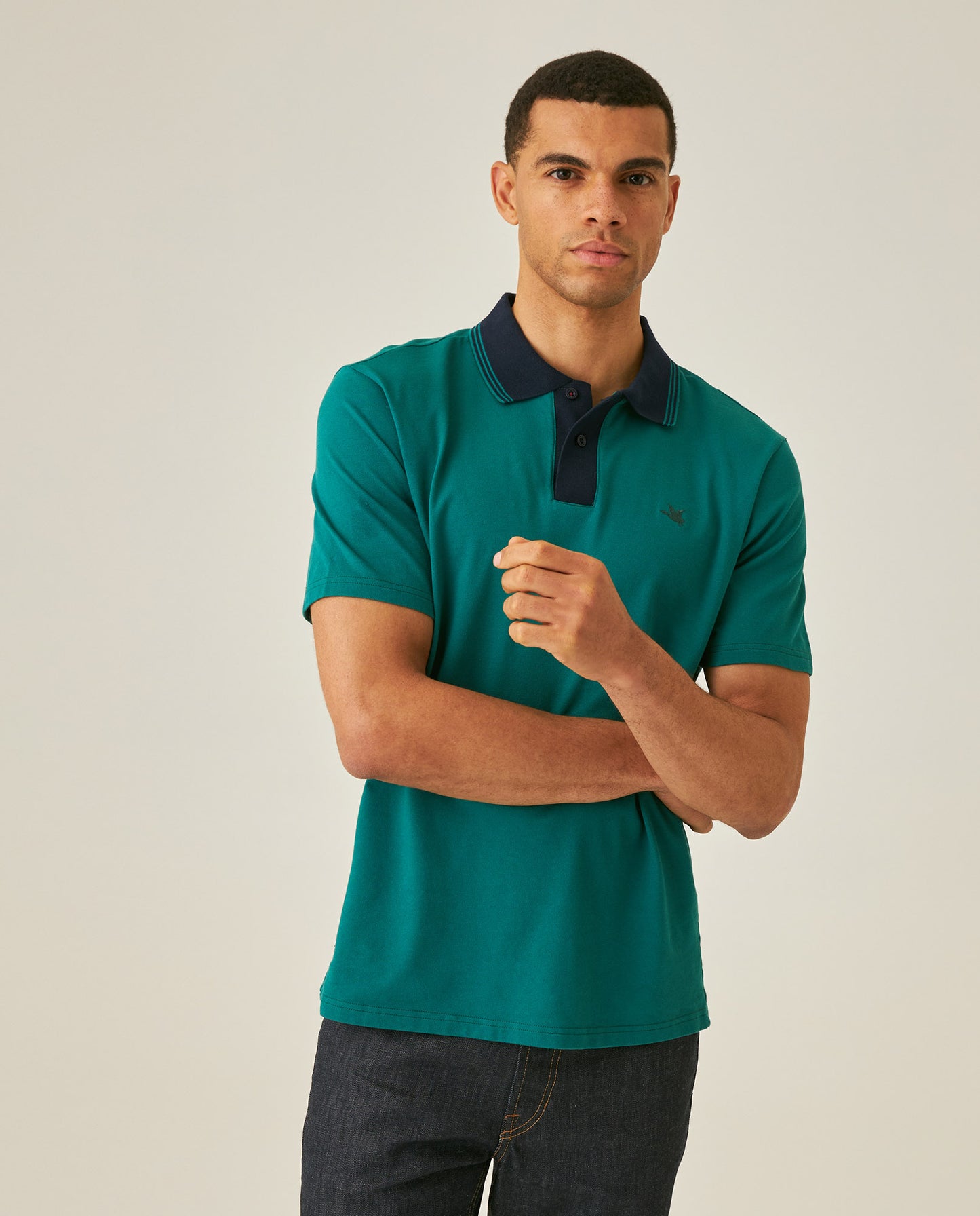 Mens Polo Slim Fit Short Sleeve Preppy Style Cotton Elastane Contrast Collar Placket Vibrant Duck - Green 63_601H004_VER185322_0