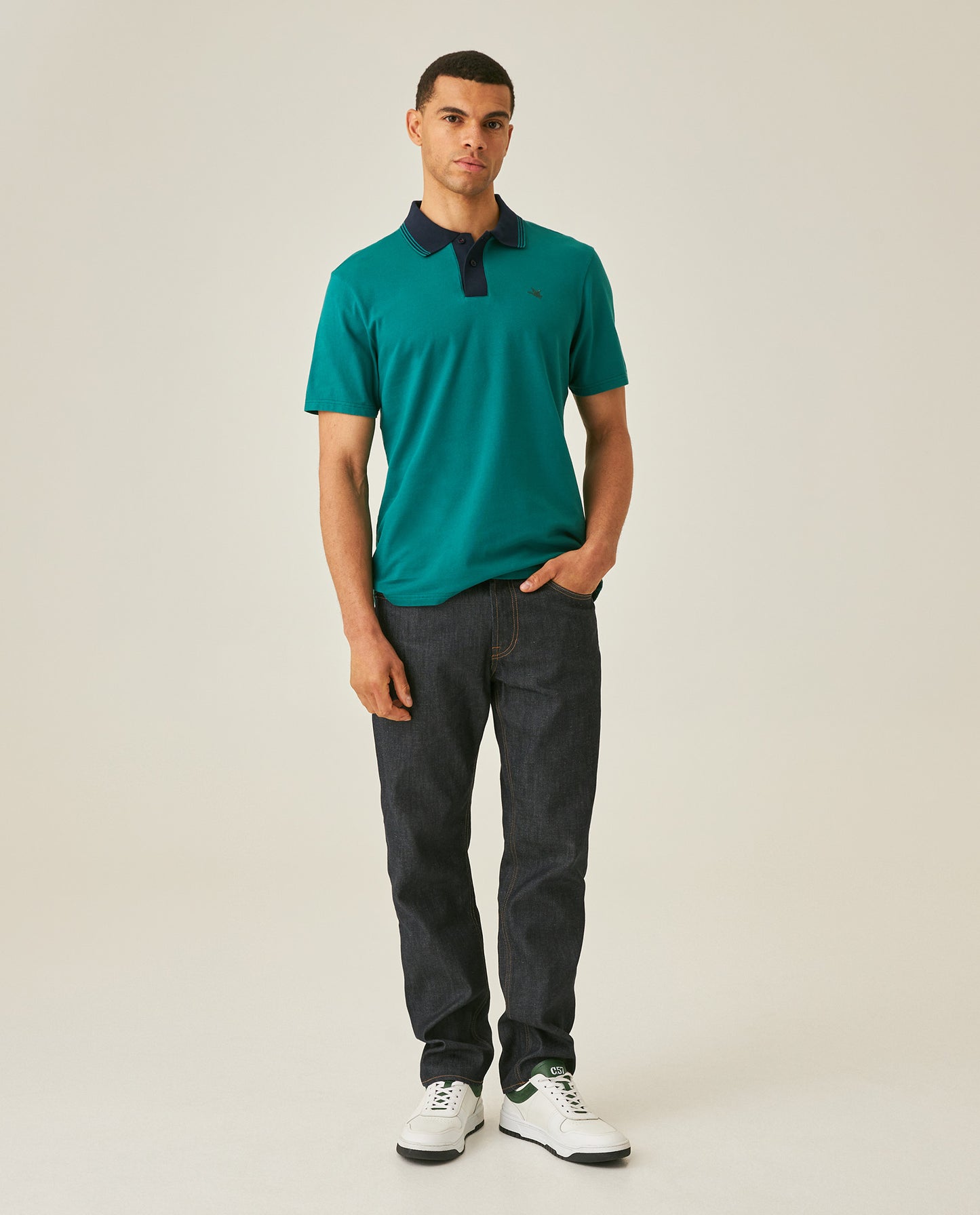 Mens Polo Slim Fit Short Sleeve Preppy Style Cotton Elastane Contrast Collar Placket Vibrant Duck - Green 63_601H004_VER185322_4