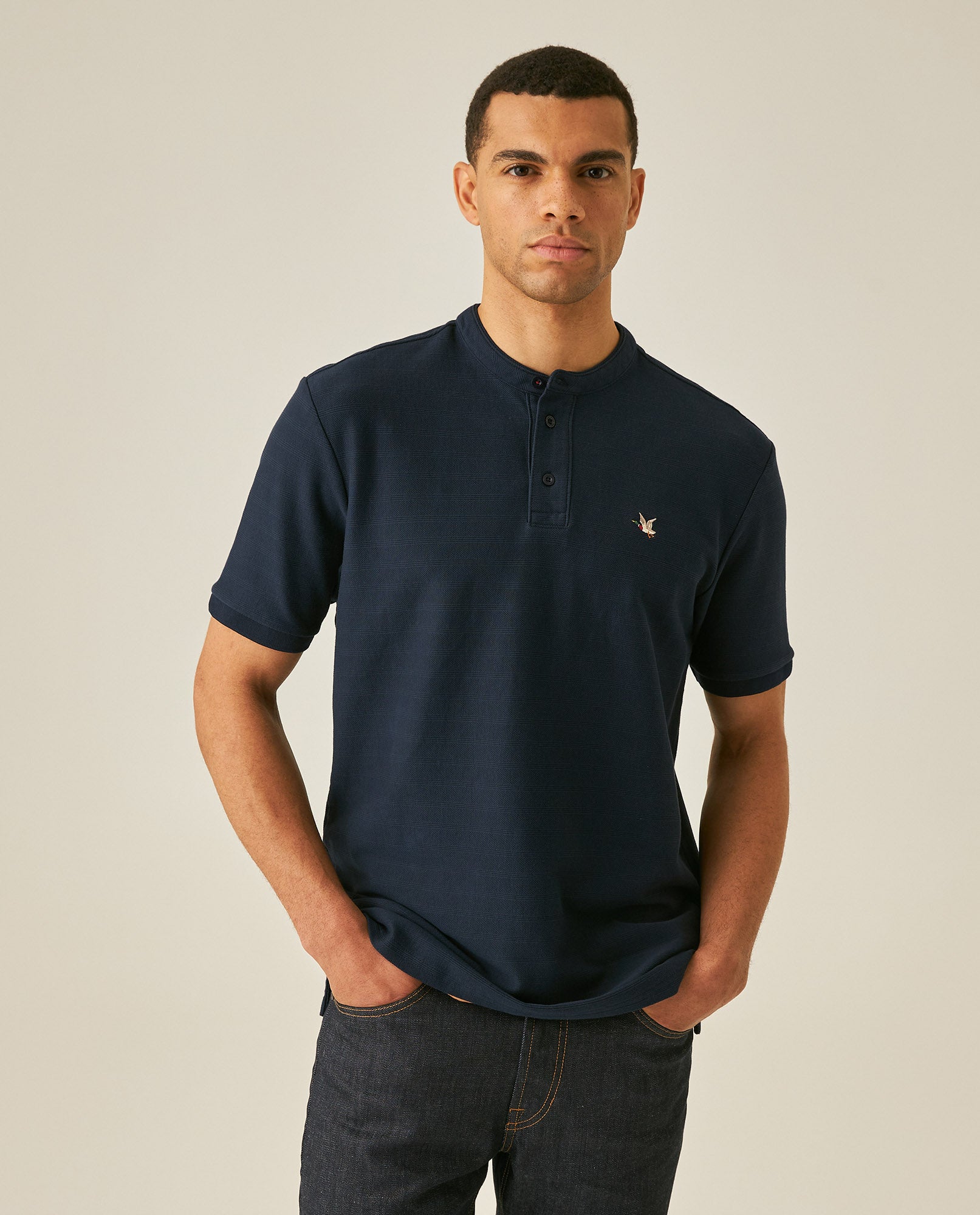 Mens Polo Shirt Classic Fit Mandarin Collar Short Sleeve Piqué Jacquard Cotton Contrast Details - Blue 63_601H007_AZU193924_0