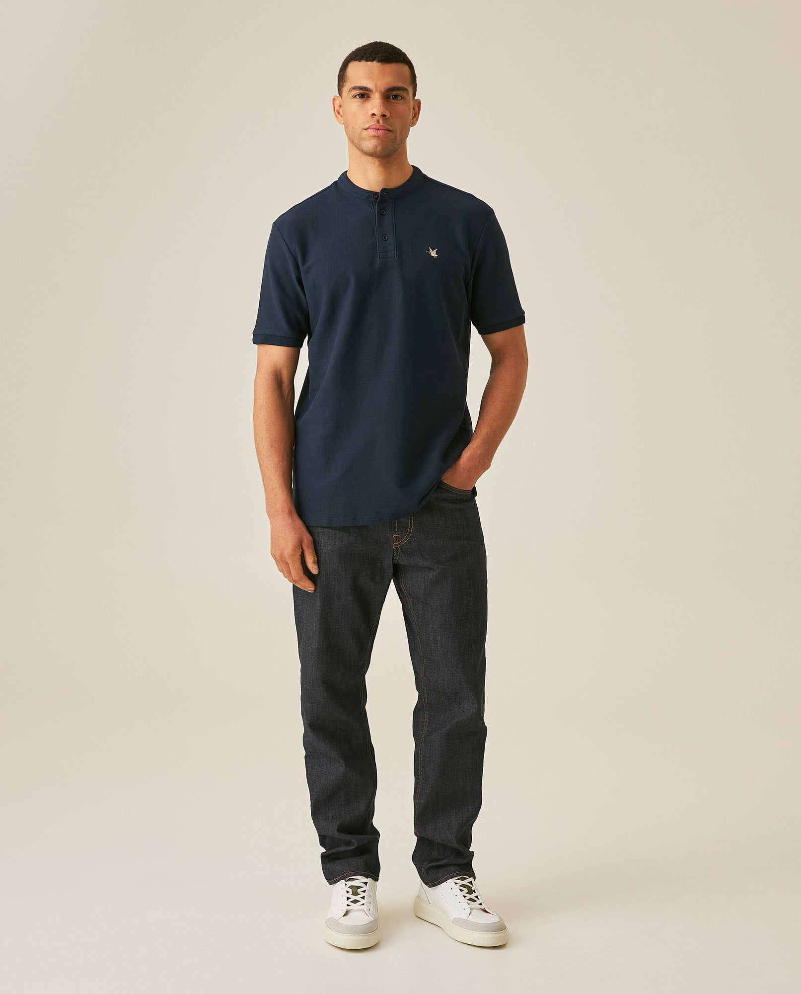 Mens Polo Shirt Classic Fit Mandarin Collar Short Sleeve Piqué Jacquard Cotton Contrast Details - Blue 63_601H007_AZU193924_4