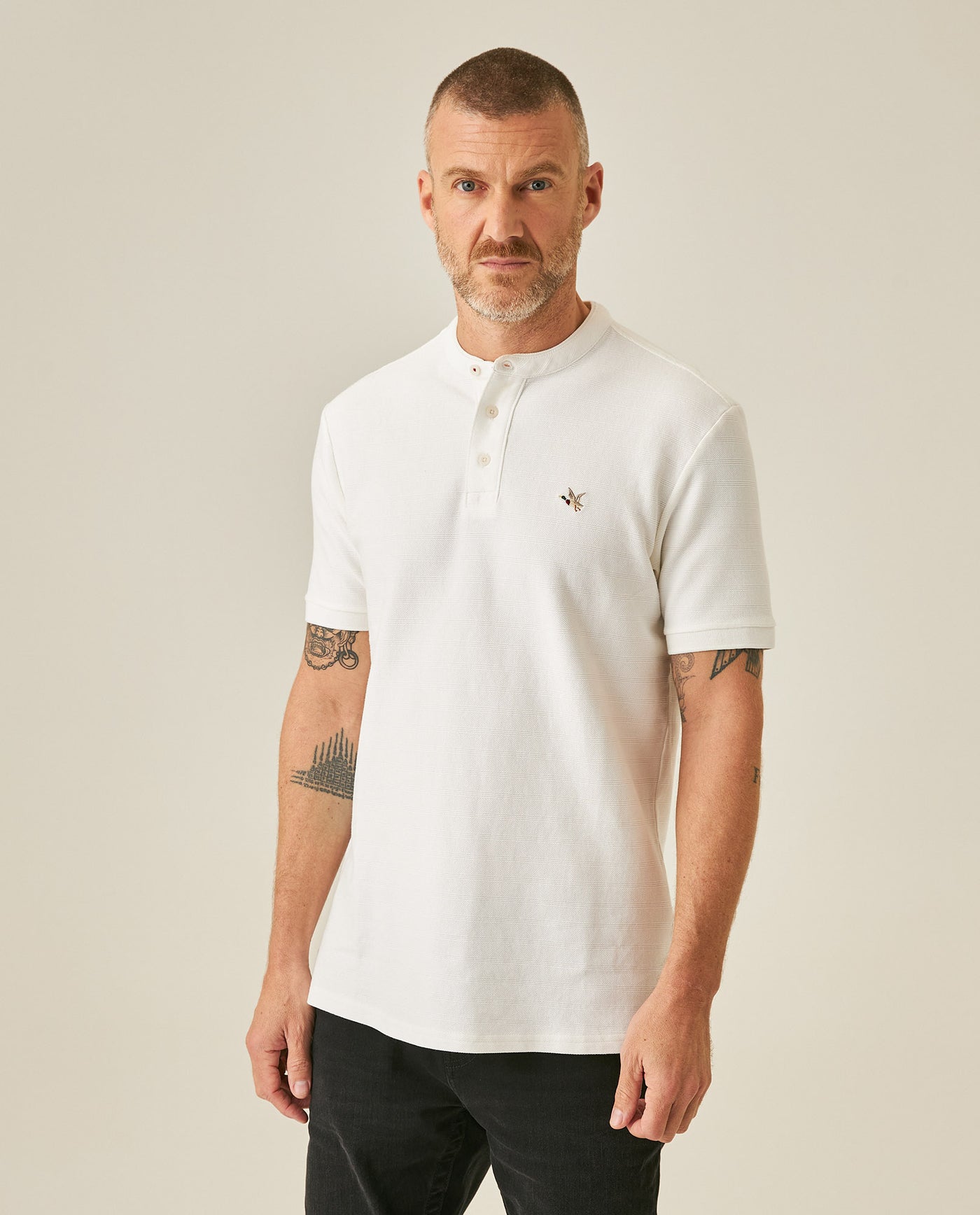 Mens Polo Shirt Classic Fit Mandarin Collar Short Sleeve Piqué Jacquard Cotton Contrast Details - Raw 63_601H007_CRU110606_0