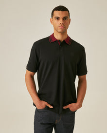 Mens Polo Shirt Classic Fit Short Sleeve Piqué Cotton Elastane Contrast Collar Mini Appliqué - Black 63_601H008_NEG194007_0