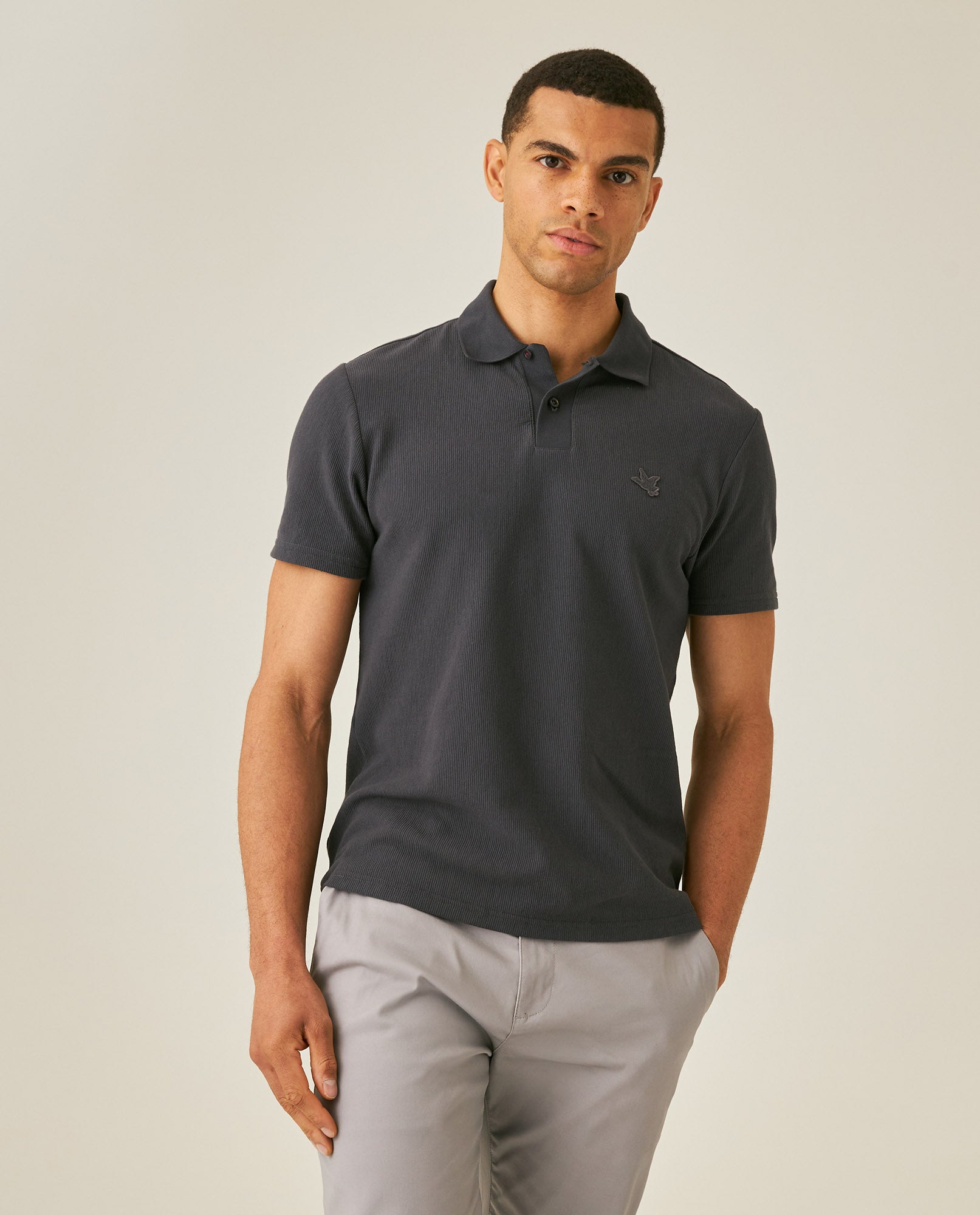 Mens Polo Shirt Slim Fit Short Sleeve Vertical Rib Cotton Embossed Embroidered Duck Knit Details - Gray 63_601H009_GRI190000_0