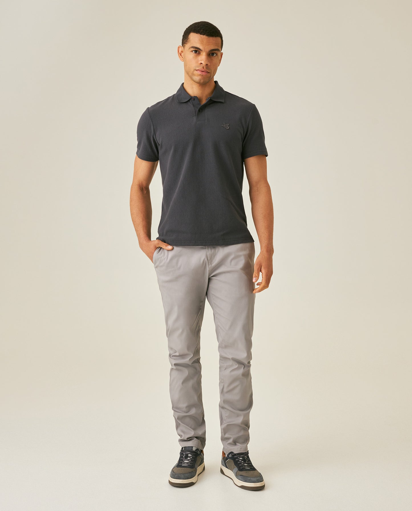 Mens Polo Shirt Slim Fit Short Sleeve Vertical Rib Cotton Embossed Embroidered Duck Knit Details - Gray 63_601H009_GRI190000_4