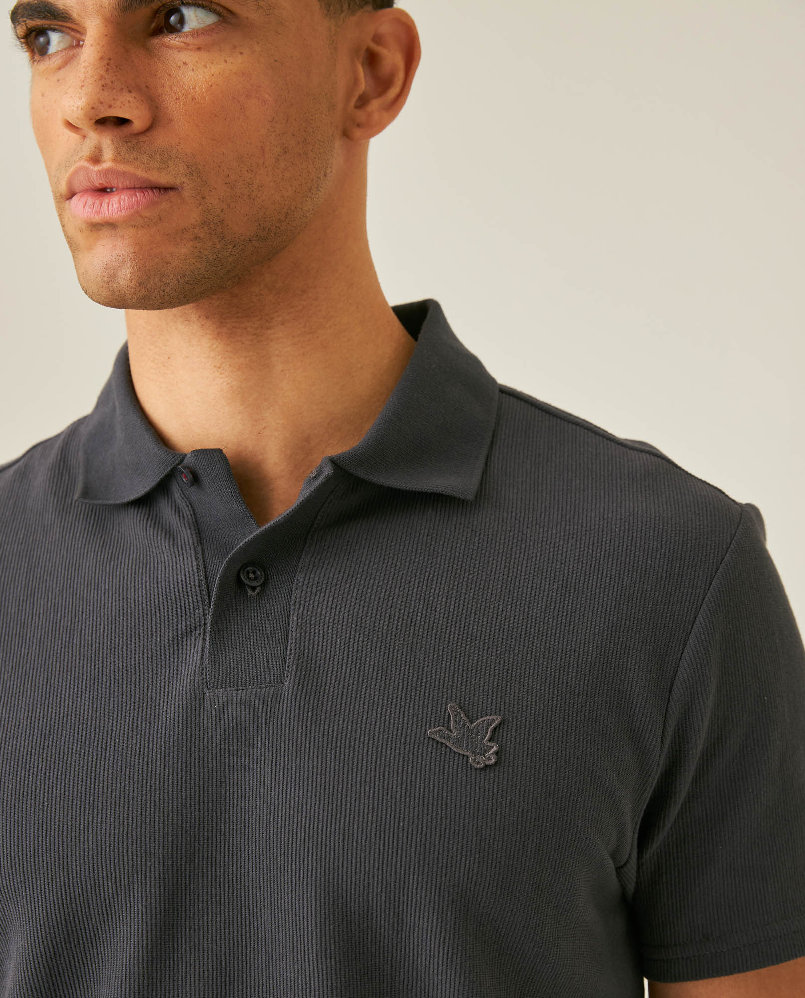 Mens Polo Shirt Slim Fit Short Sleeve Vertical Rib Cotton Embossed Embroidered Duck Knit Details - Gray 63_601H009_GRI190000_5